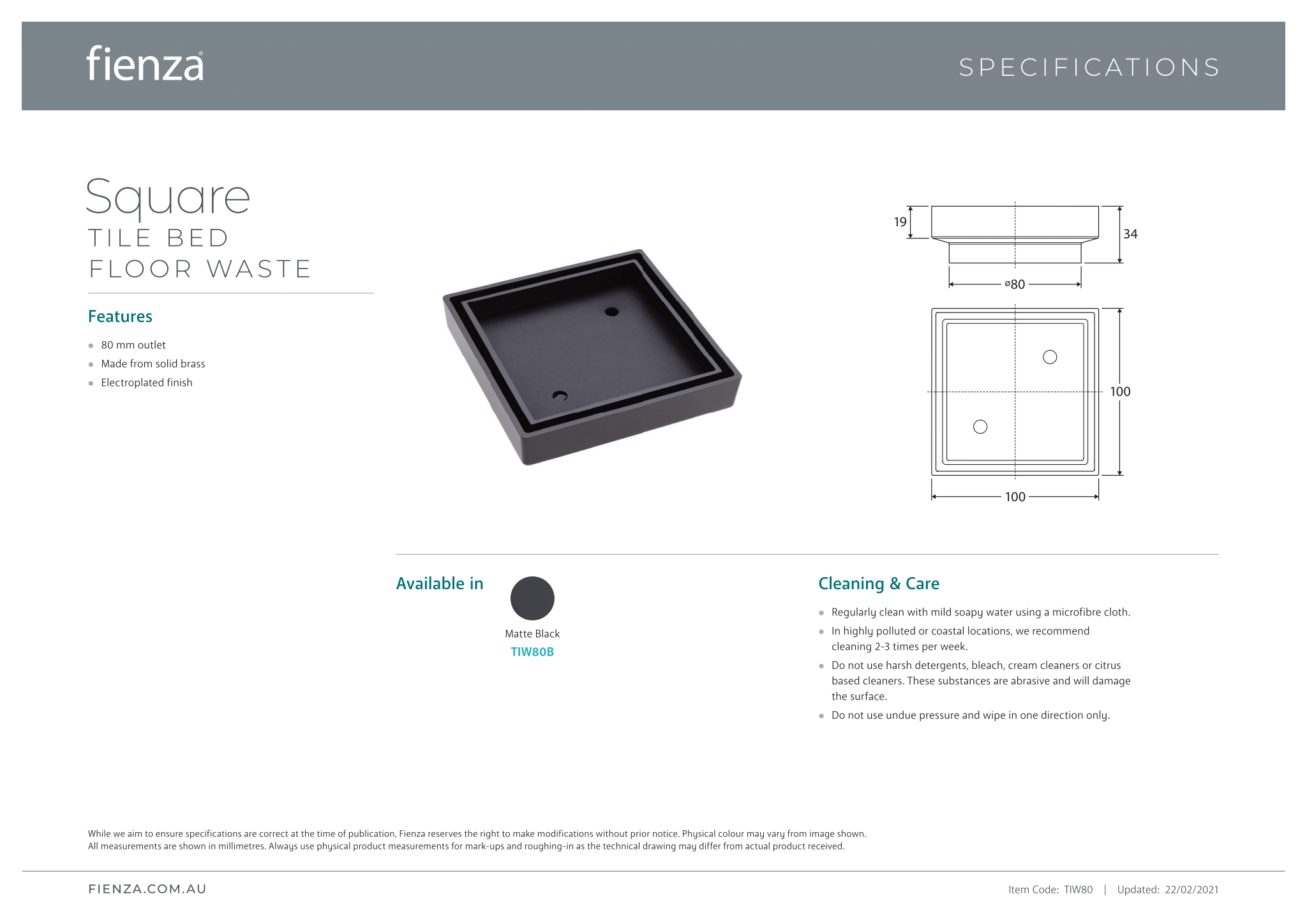 Fienza 80mm Square Tile Bed Floor Waste Drain Cover - Matte Black Finish for Bathroom, Shower, and Outdoor Drainage
