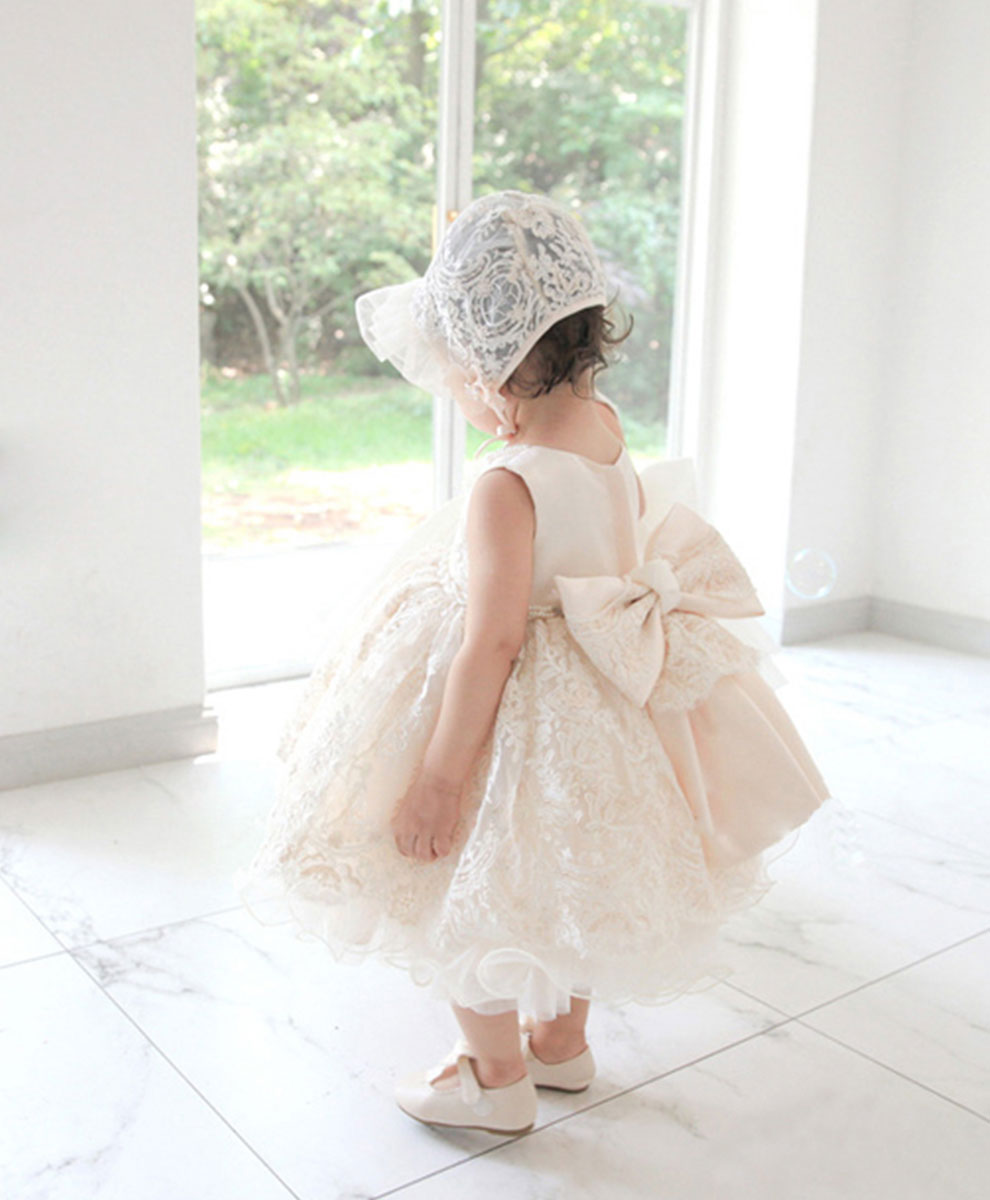 Champagne Tulle Lace Baby Dress for Flower Girls - Elegant Christening Gown & First Birthday Party Outfit - Perfect for Weddings, Baptisms, and Special Occasions