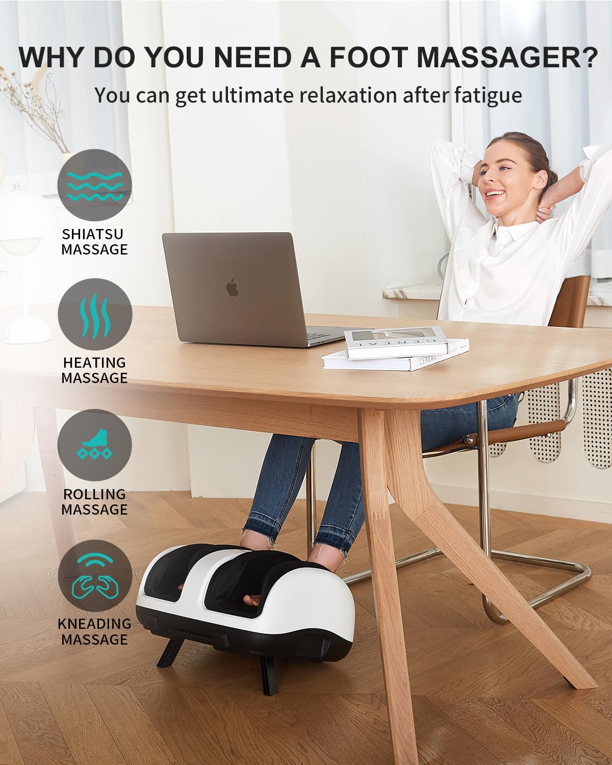 Nekteck Shiatsu Foot Massager with Heat - Electric Deep Kneading & Vibration for Feet, Calf, Arm Pain Relief - Smart APP Control for Muscle Relaxation & Circulation - Perfect for Home, Office Use and Post-Workout Recovery (White)