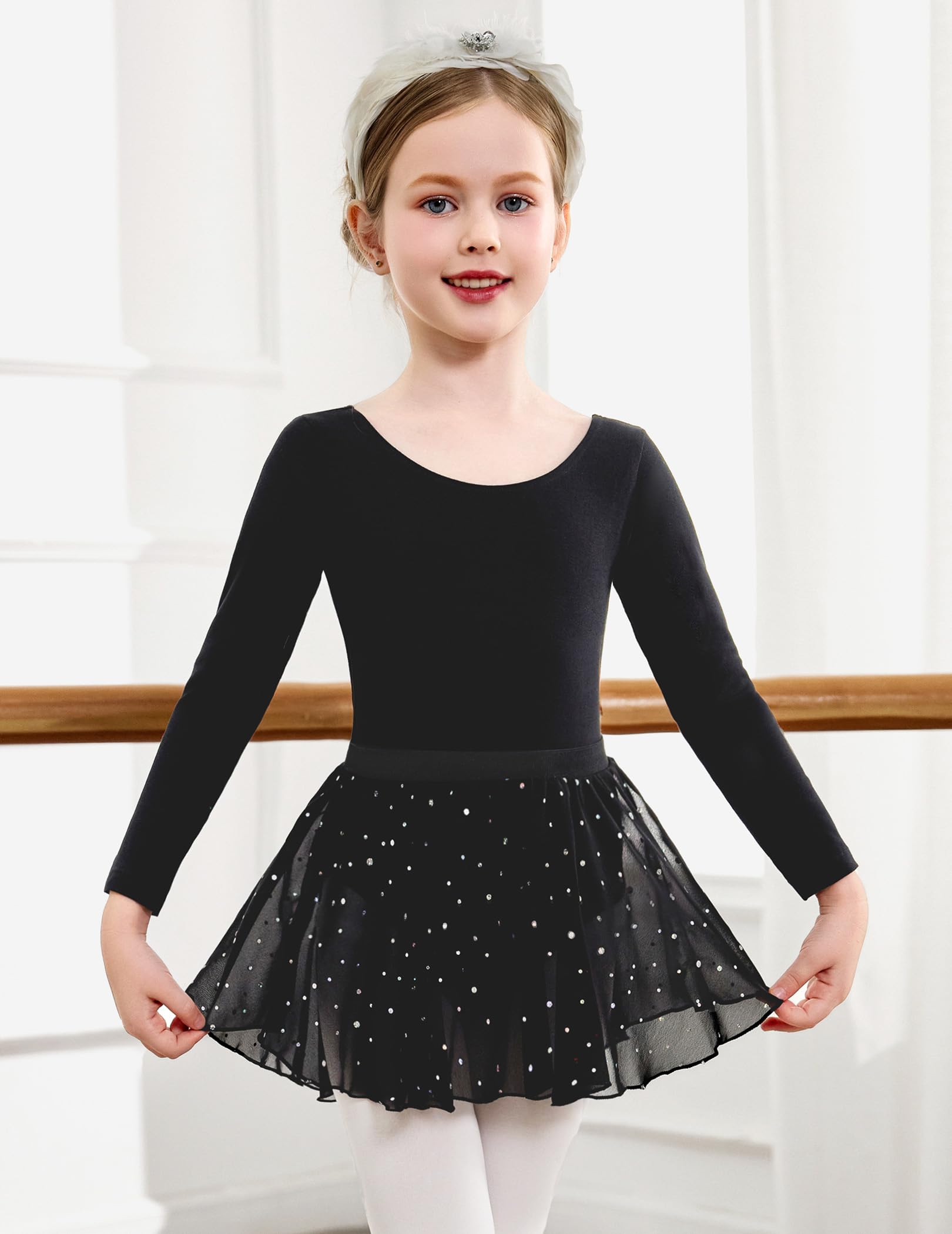Arshiner Girls Ballet Leotard with Chiffon Skirt - Long Sleeve Criss Cross Back Dance Outfit for Toddlers - Perfect for Ballet Class, Recital & Dance Performance