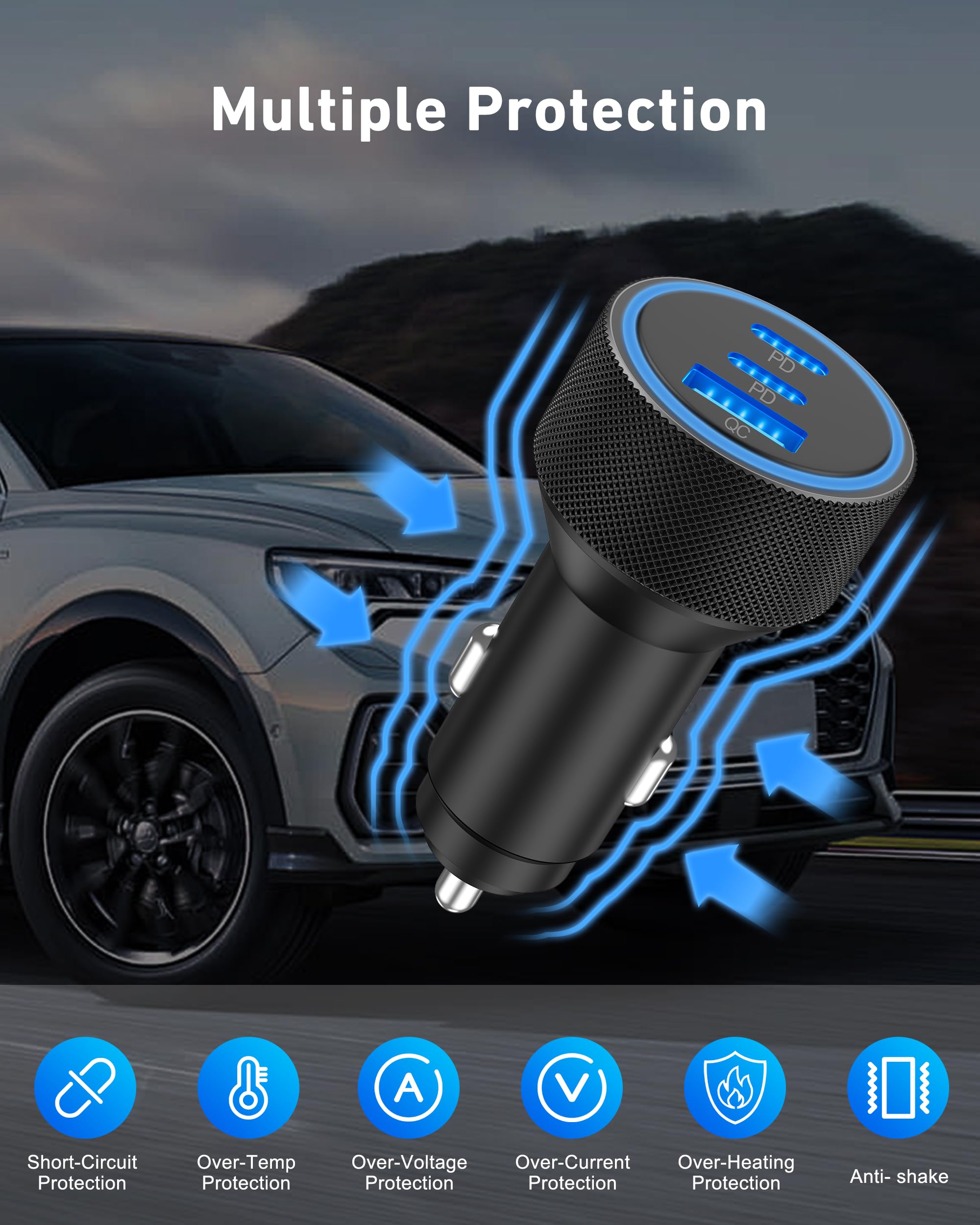 67W 3-Port USB C Car Charger for iPhone, Samsung, Android - Fast Charging On The Go