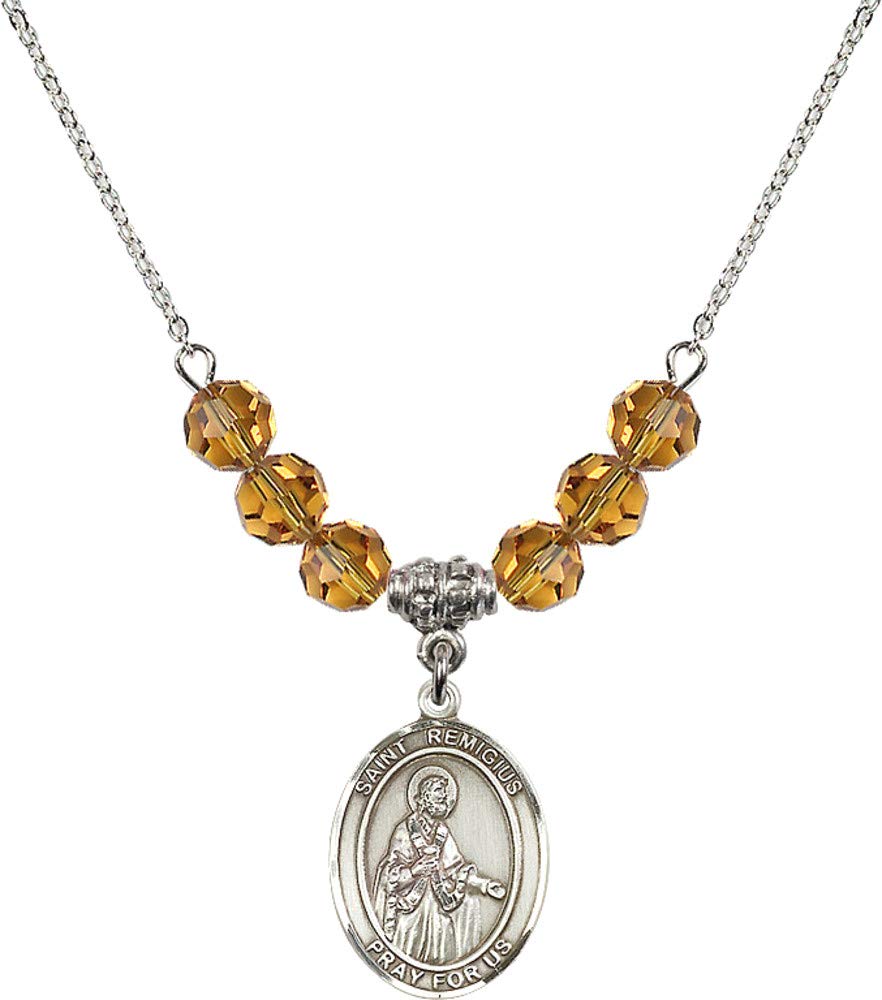 Bonyak 18 Inch Rhodium Plated Birthstone Necklace with 6mm Yellow Citrine Beads - November Birth Month Jewelry & Saint Remigius of Reims Pendant - Perfect Gift for Birthdays, Anniversaries and Spiritual Protection