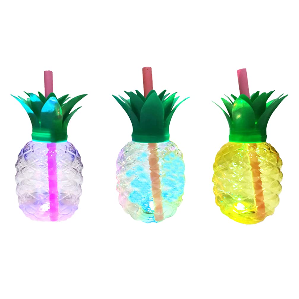 LED Pineapple Shaped Plastic Cups with Lids & Straws - 3Pcs 500ML Colorful Party Drinkware for Luau, Pool Parties & Summer Decorations - Fun Tropical Cocktail Cups for Beach Themed Events & Hawaiian Celebrations