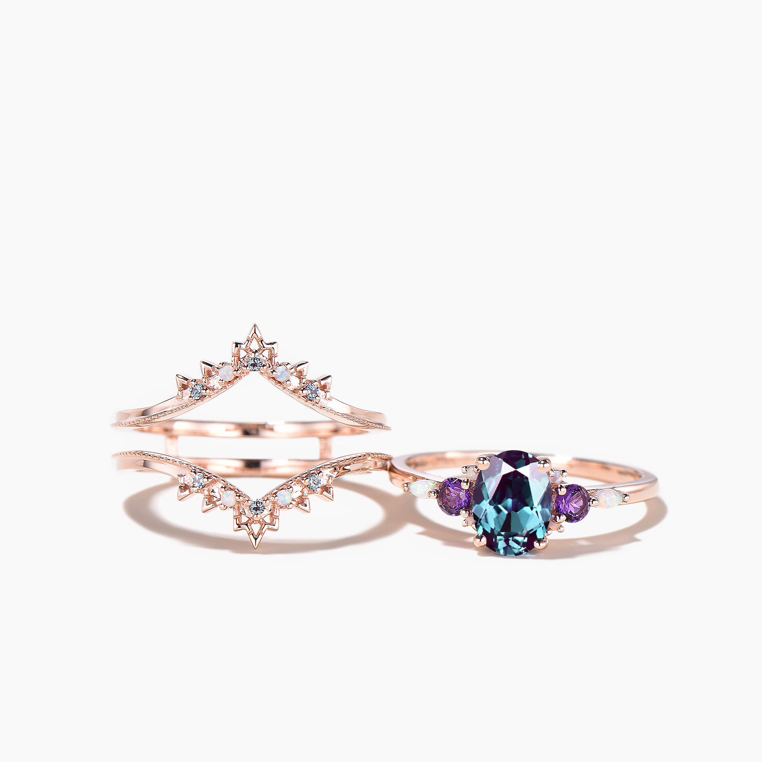 Oval Cut Color Changing Alexandrite Amethyst Ring with Opal Crown Enhancer - Bridal Wedding Set for Engagement, Anniversary & Special Occasions