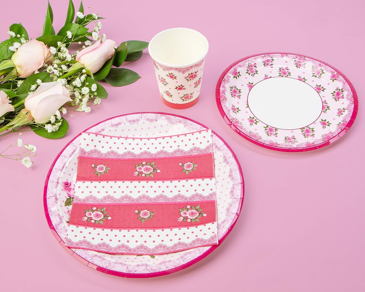 Royal Bluebonnet Rose Paper Plates and Napkins Set of 24 - Heavy Duty 400 GSM Disposable Floral Party Supplies for Birthday, Mother's Day & Easter Brunch Decorations - Perfect for Spring Garden Parties, Baby Showers and Bridal Luncheons