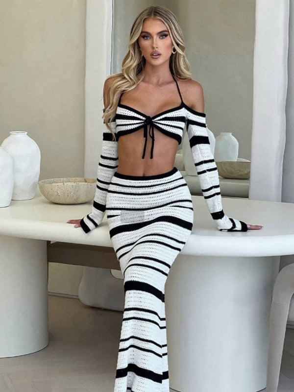 ZASUWA Women's Sexy Fishnet Stripes 2-Piece Cover Up Bikini Set - Perfect for Beach, Pool Party & Summer Vacation