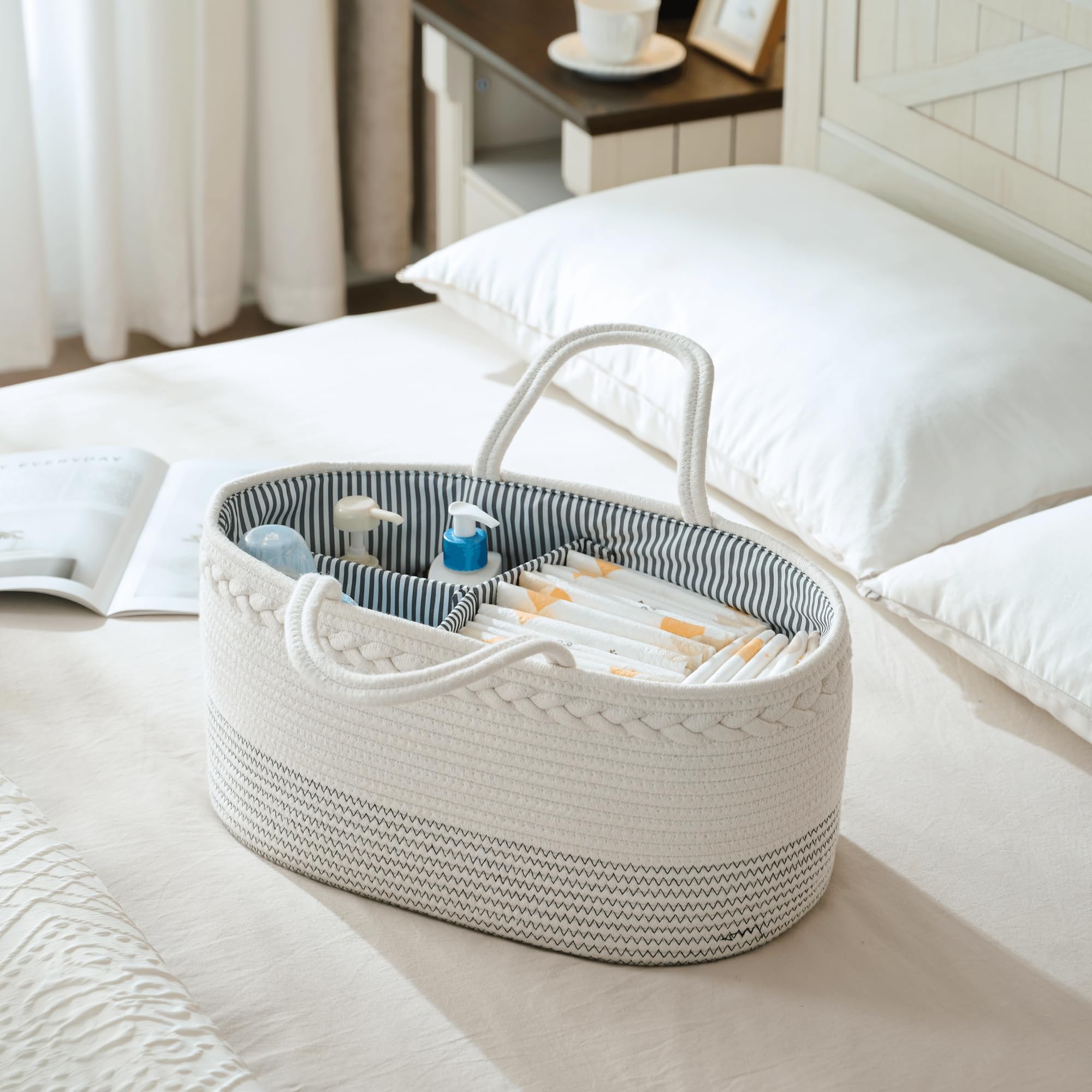 Premium Extra Large Baby Diaper Caddy Organizer - Cotton Rope Nursery Storage Basket with Dividers, Portable Changing Table Organizer & Car Storage Tote - Perfect Baby Shower Gift for Newborns (Great for Nursery, Travel & On-the-Go Parents)