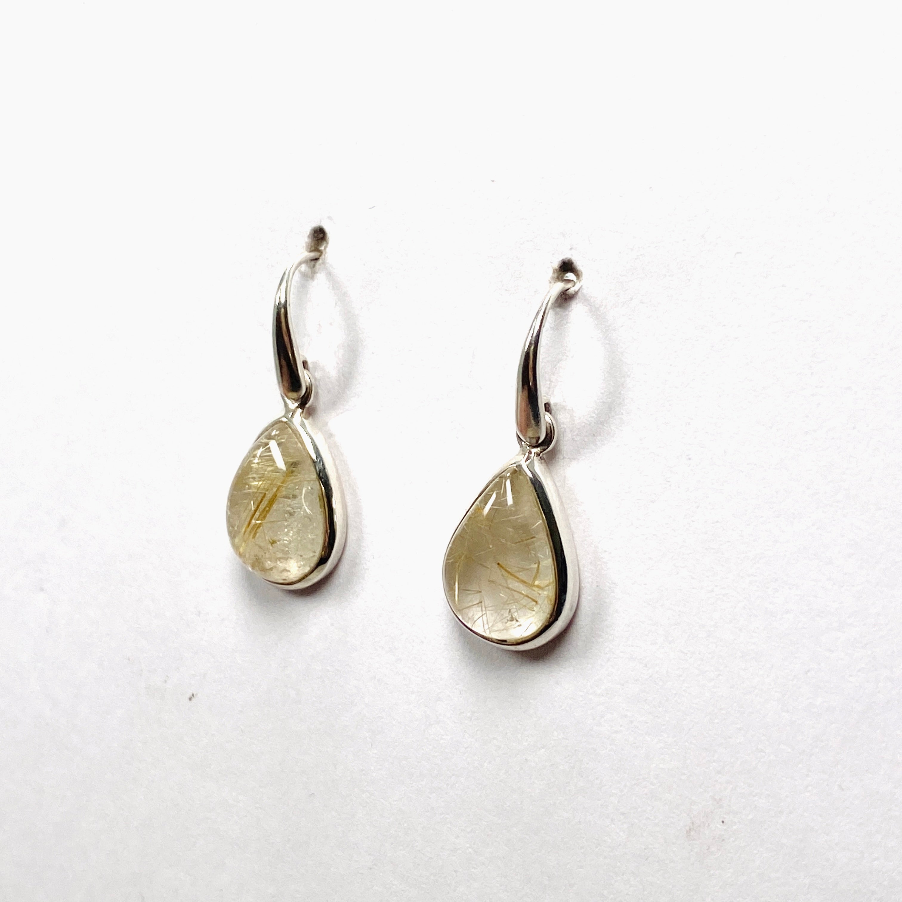 Natural Rutilated Quartz Teardrop Cabochon Earrings - Handmade Sterling Silver Jewelry for Women - Perfect for Wedding, Party & Everyday Wear