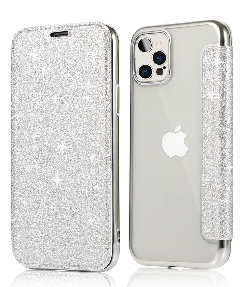 iPhone 12 Pro Max Wallet Case - Bling PU Leather Folio with Clear TPU Back & Card Slots | Slim Protective Cover for iPhone 12 Pro Max (Glitter Silver) | Perfect for Everyday Use, Travel & Business Meetings