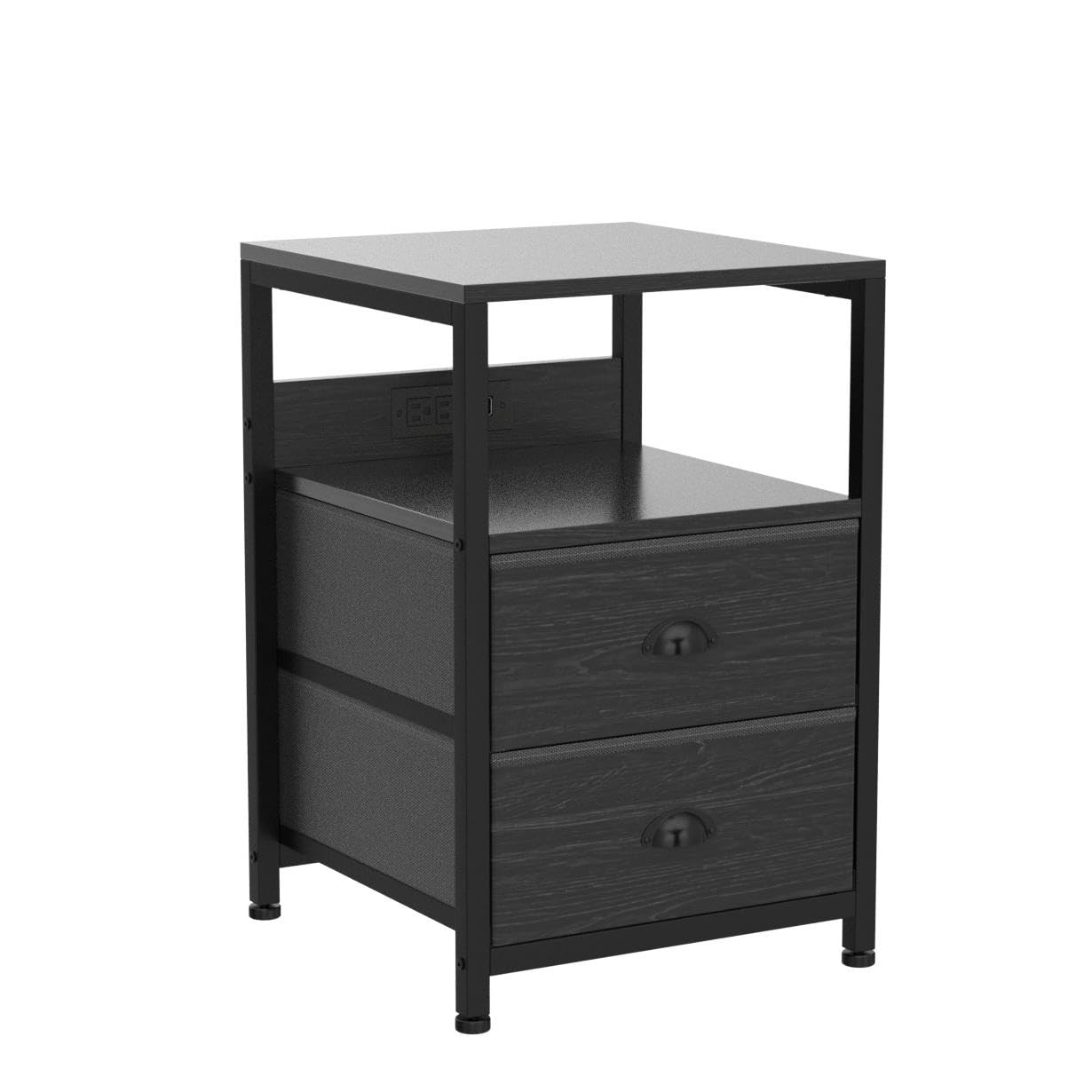 2-Piece Furologee Nightstand Set with Charging Station - Black Oak Side Tables with USB Ports, 2 Fabric Drawers & Storage Shelf - Perfect for Bedroom & Living Room Organization - Ideal for Charging Devices, Storing Books & Bedside Essentials