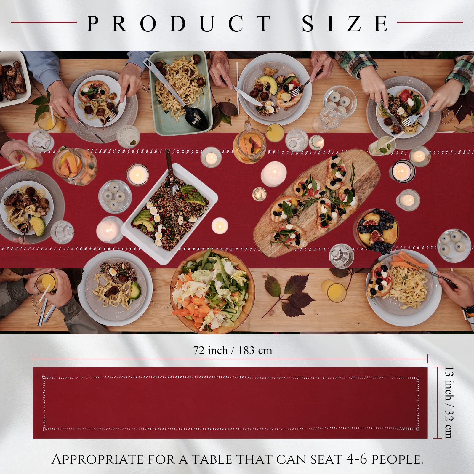 2-Pack Handmade Hemstitch Table Runners - Farmhouse Rustic Decor (13x72 Inch, Cranberry Red) for Thanksgiving, Christmas, Kitchen & Dining Room Centerpiece Decorations | Perfect for Holiday Parties, Wedding Decor & Home Styling