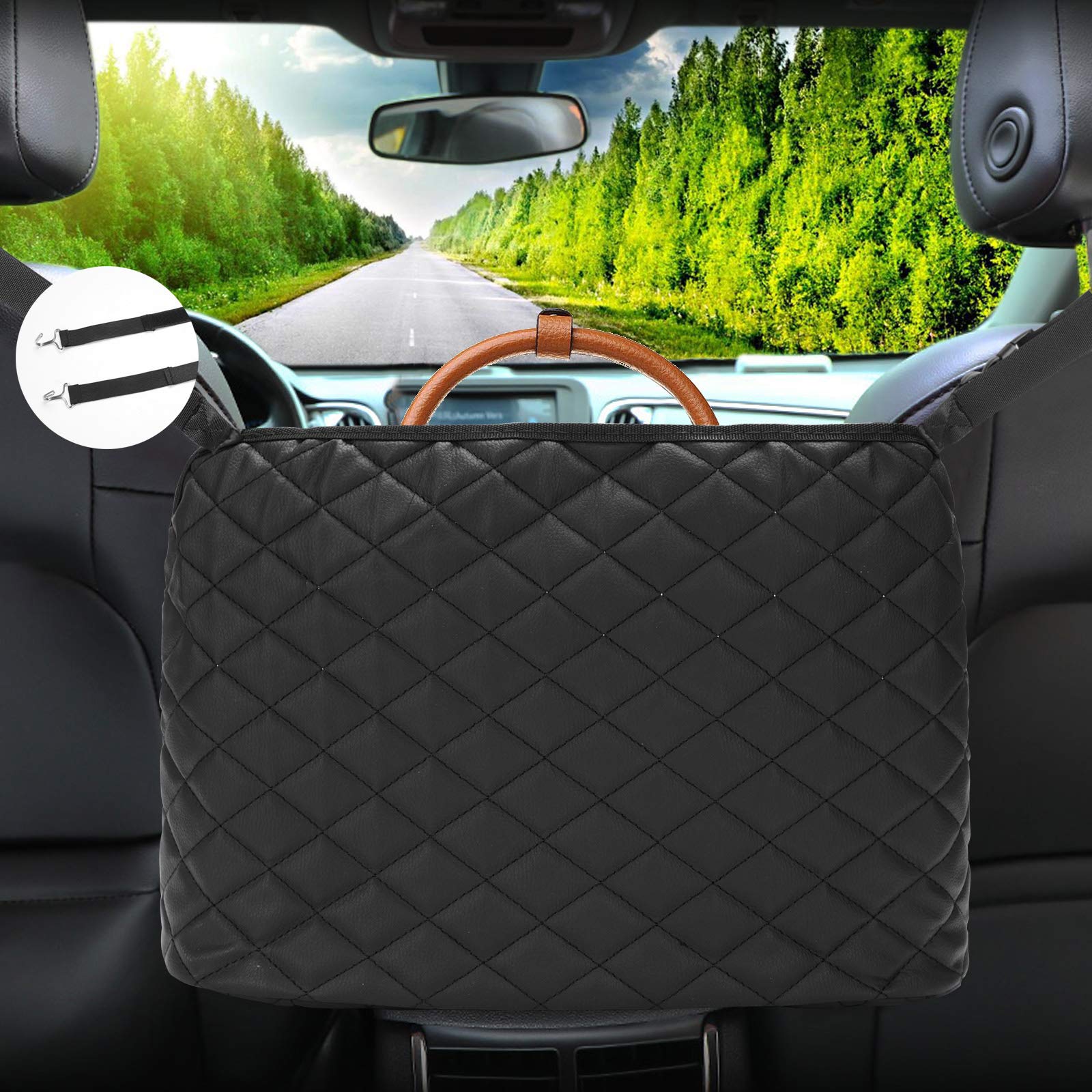 Car Net Pocket Handbag Holder - Leather Purse Organizer for Car, DYSGLOBLE Large Capacity Bag Holder Between Seats (Black) - Perfect for Road Trips, Commuting, and Daily Errands
