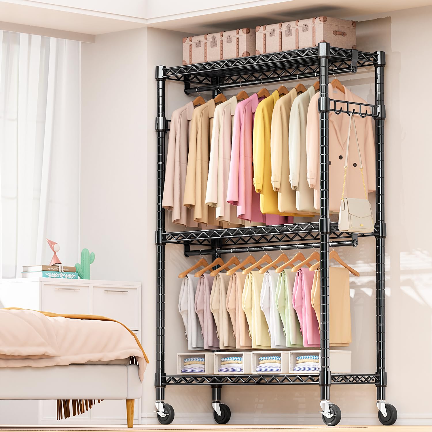 MZG Heavy Duty Rolling Garment Rack - 3-Tier Adjustable Wire Shelving Clothes Organizer with 2 Hanging Rods & Side Hooks, Mobile Storage Closet with Wheels (Black, 17.7