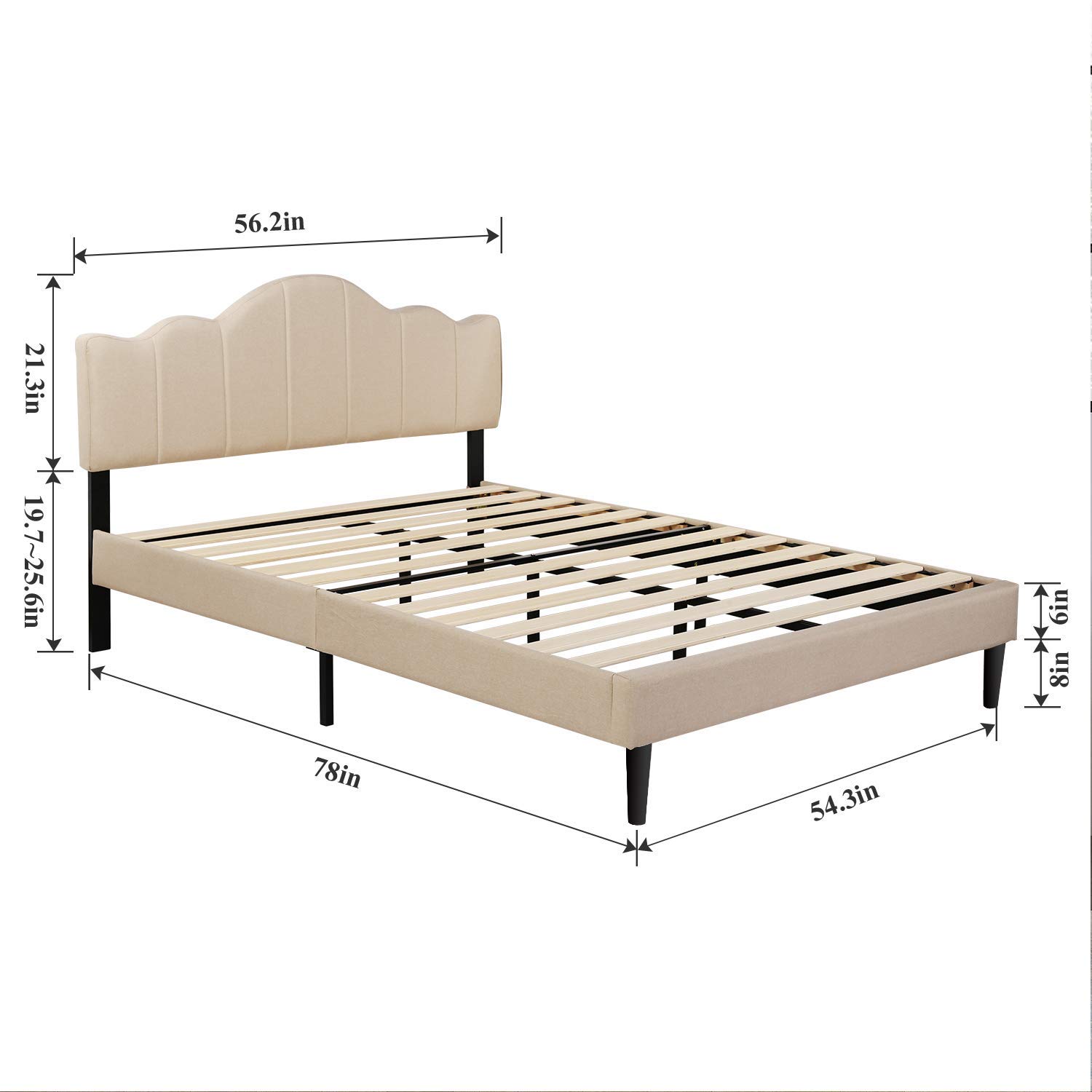 VECELO Full Size Upholstered Platform Bed Frame with Adjustable Headboard - Sturdy Wood Slat Support, No Box Spring Required - Khaki Fabric - Perfect for Modern Bedrooms, Guest Rooms & Small Spaces