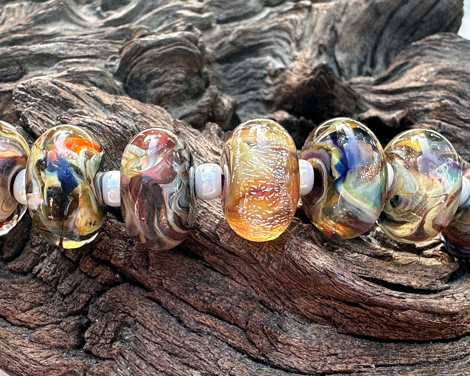 15-Piece Multicolor Brown Swirl Glass Lampwork Beads Set for Jewelry Making - DIY Bracelets, Necklaces, and Craft Projects (SRA)