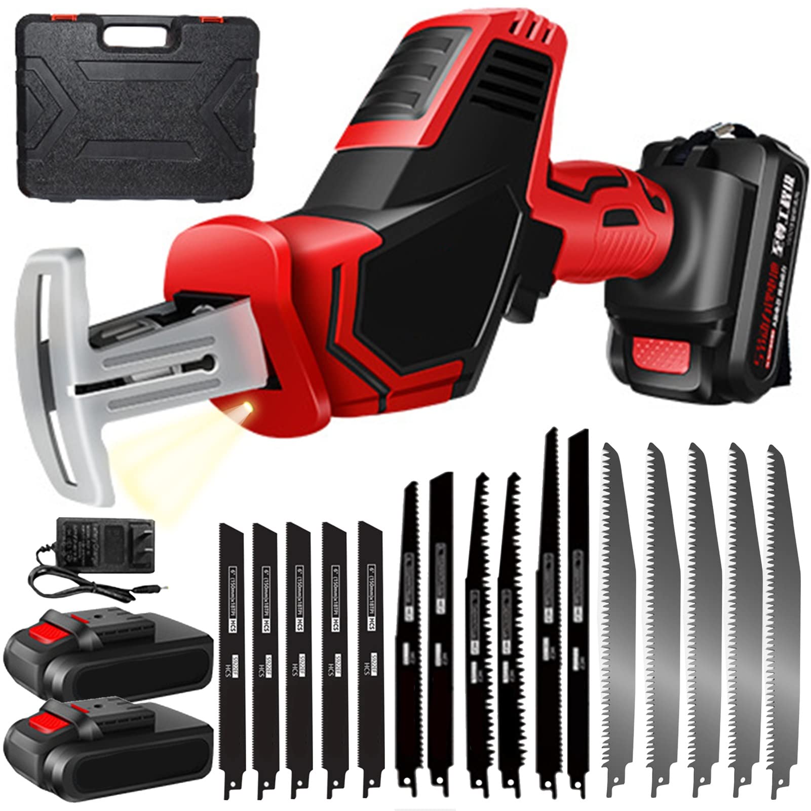 21V Cordless Reciprocating Saw with 15 Saw Blades - Battery Powered Electric Sawzall with LED Light, Stepless Variable Speed & Fast Charger - Perfect for Cutting Metal, Wood, PVC Pipes and Tree Branches - Ideal for DIY Home Projects, Construction Work and Woodworking