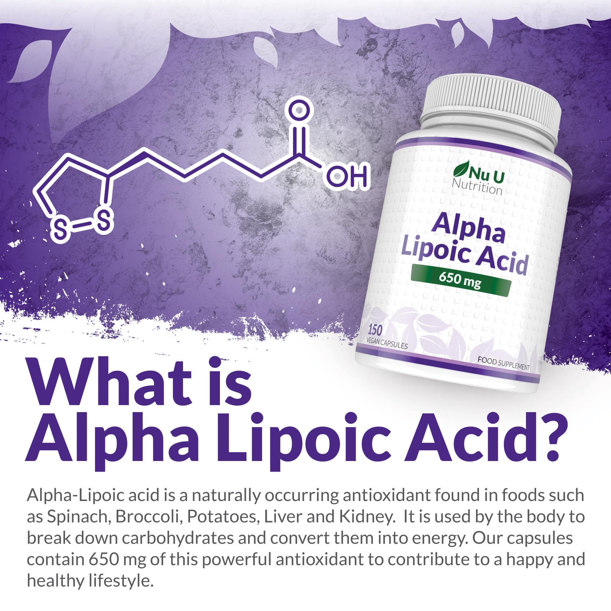 Nu U Nutrition Alpha Lipoic Acid 650mg - 150 Vegan ALA Capsules | High Strength Amino Acid Supplement | 5 Month Supply | Made in UK | Supports Energy Metabolism & Nerve Health for Active Lifestyles