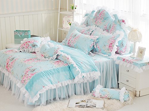 LELVA 4-Piece Floral Bedding Set for Girls - Romantic Rose Print Duvet Cover with Lace Ruffle & Bed Skirt, Full Size Blue - Perfect for Princess Themed Bedrooms & Teen Girl Decor