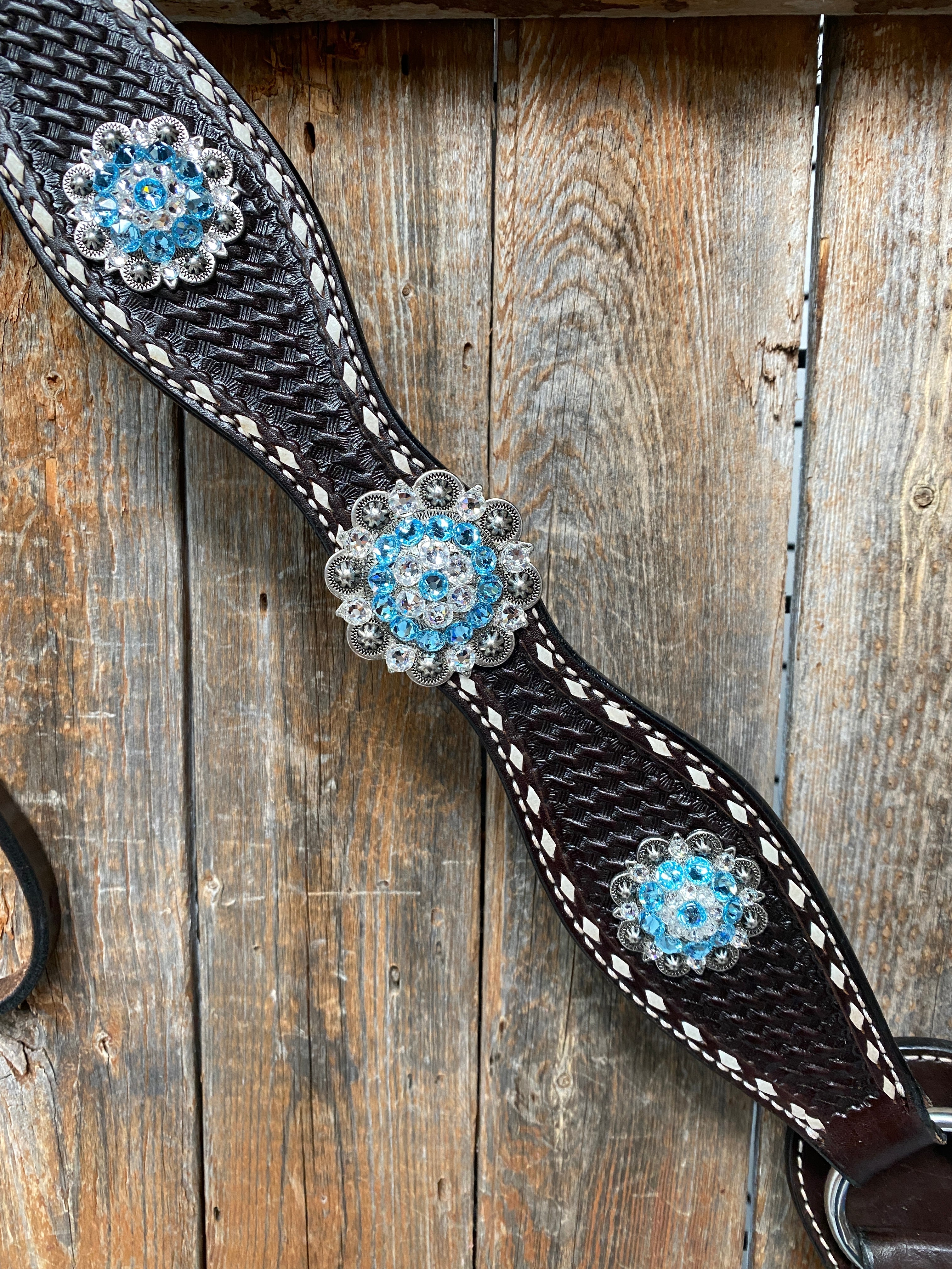 Premium Dark Oil Buckstitch Aqua & Clear One Ear & Breastcollar Tack Set #OEBC439 - Western Horse Riding Show & Trail Equipment