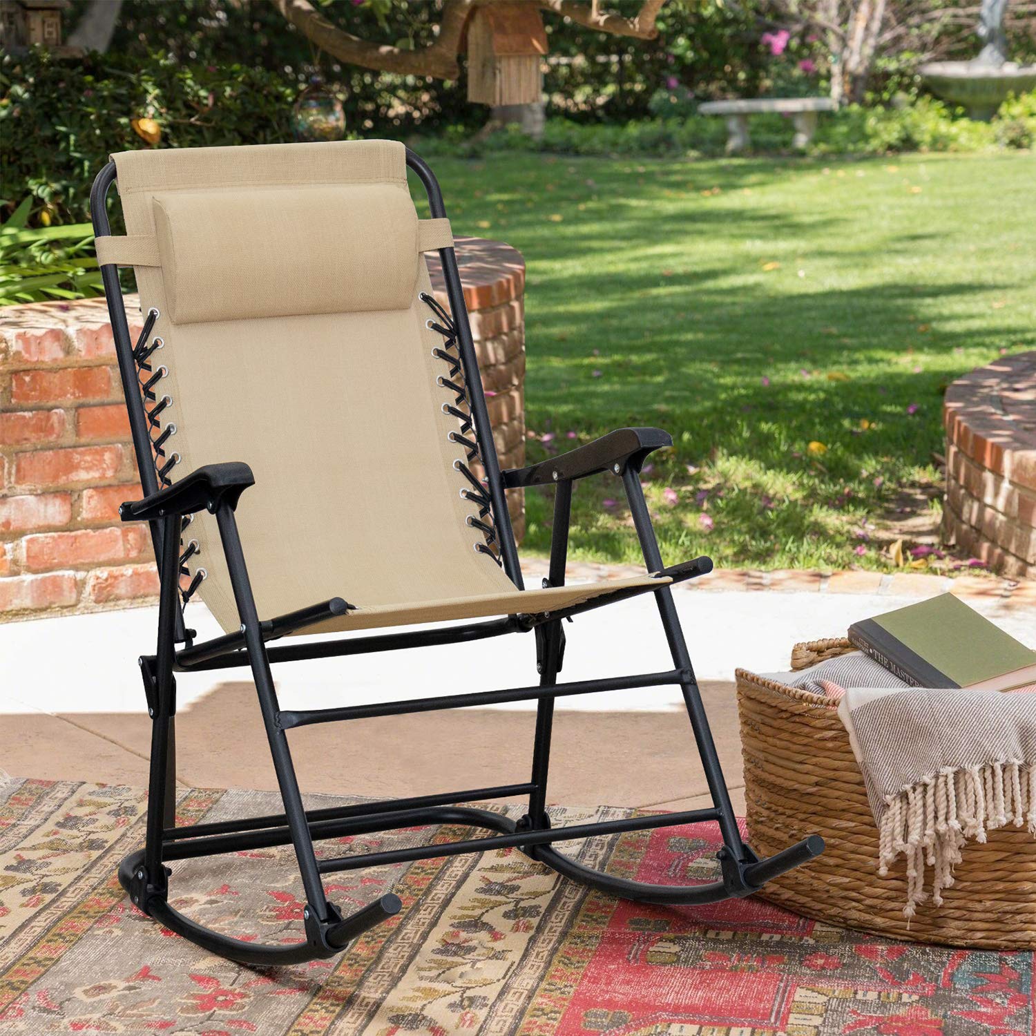 Flamaker Patio Rocking Chair - Zero Gravity Outdoor Folding Recliner Lounge Chair with Adjustable Backrest, Heavy Duty Steel Frame - Perfect for Backyard, Poolside, Beach & Camping (Beige)