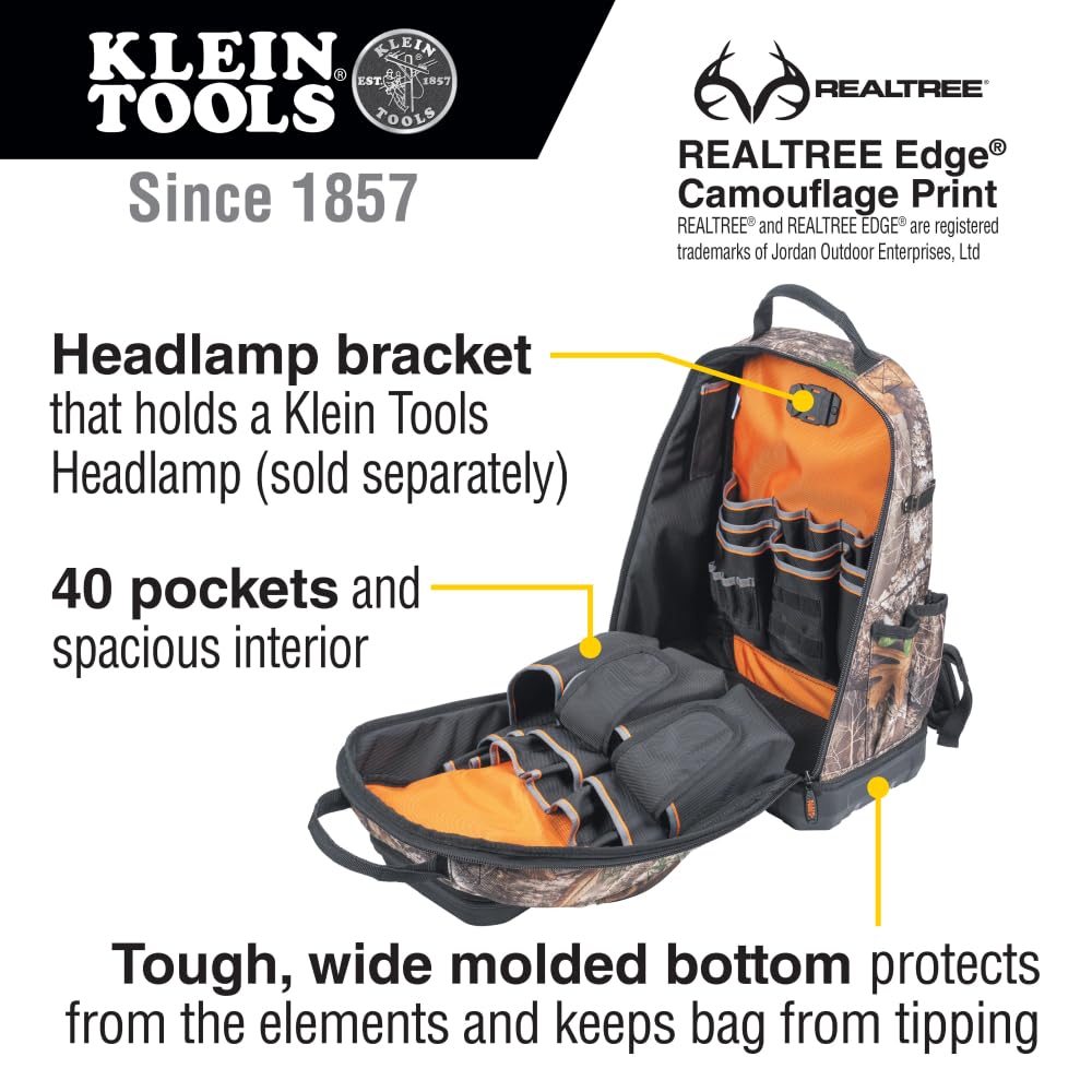 Klein Tools 62800BPCAMO Tradesman Pro Extra-Large 40-Pocket Camo Tool Backpack with Molded Bottom & Charging Port - Durable Jobsite Backpack for Electricians, Contractors & DIY Projects