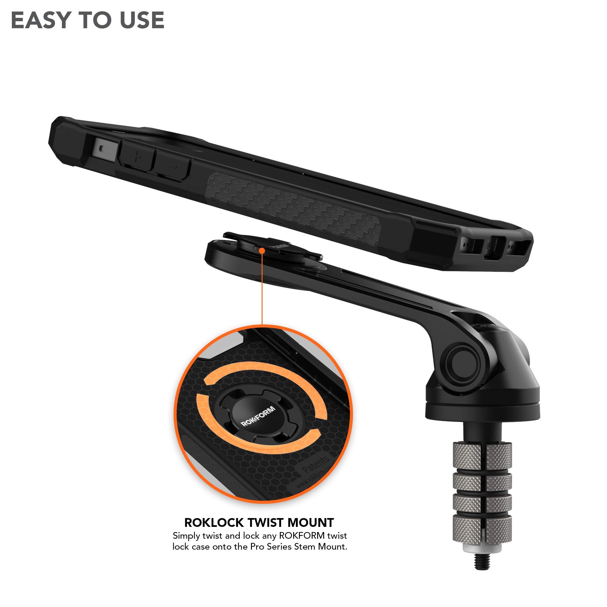 Rokform Pro Series Motorcycle Stem Phone Mount - Universal 12-24mm Fit for Sport Bikes, Quad Tab Twist Lock & Built-in Magnet Secure Mount (Black) - Perfect for GPS Navigation & Hands-Free Riding