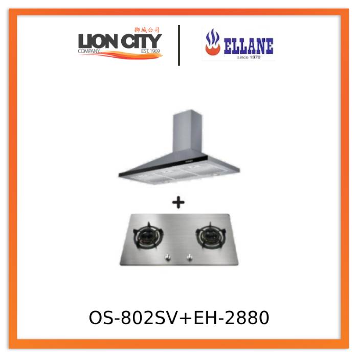 Ellane EH 2880 90cm Touch Control Stainless Steel Range Hood with Ellane OS 802SV 86cm 2-Burner Stainless Steel Cooktop - Perfect for Modern Kitchens & Home Cooking