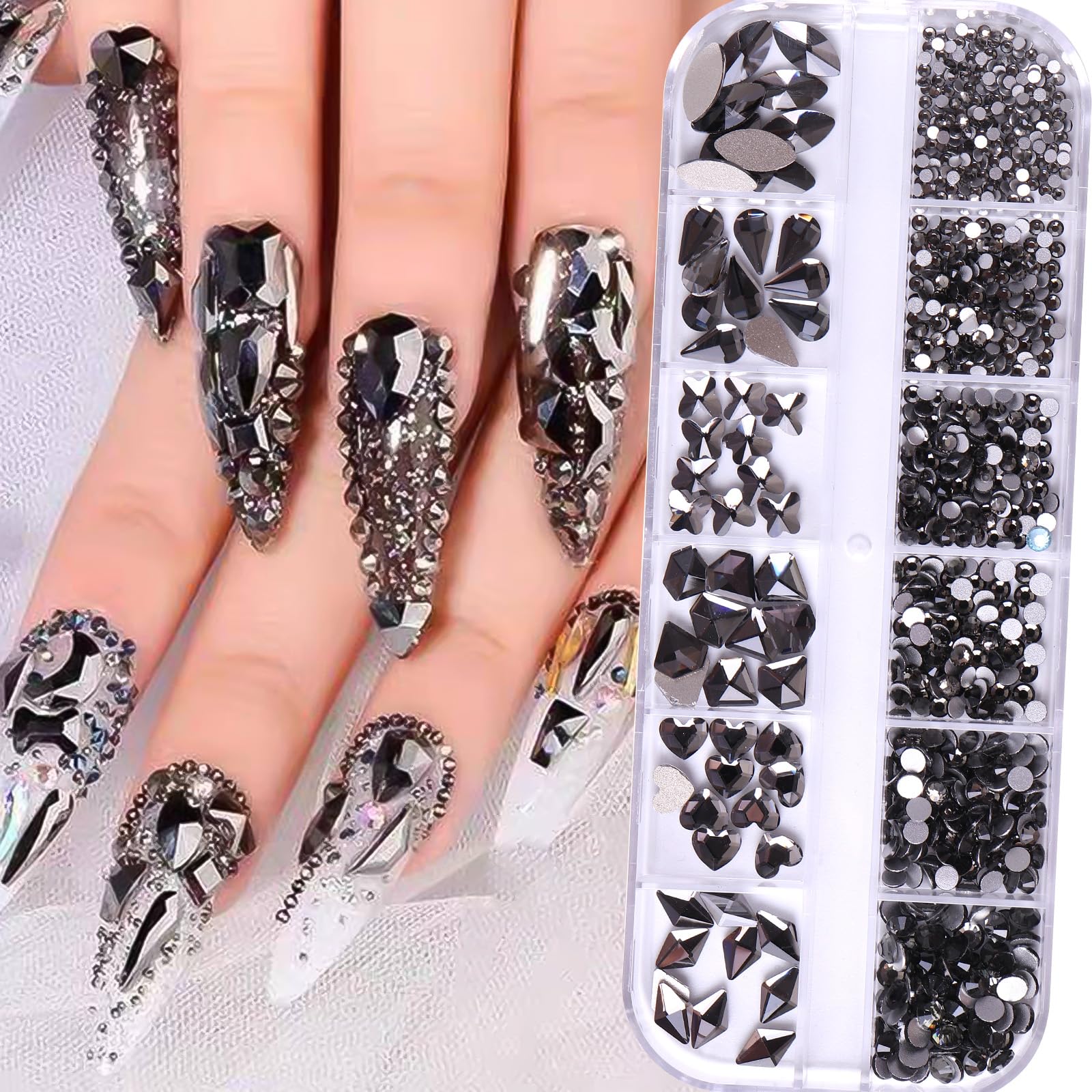 RODAKY 810Pcs 3D Rhinestones for Nails - Flatback Crystal Gems in 6 Shapes for Nail Art, DIY Crafts, Makeup & Jewelry (Black) | Perfect for Salon Nail Designs, Home Manicures & Creative DIY Projects