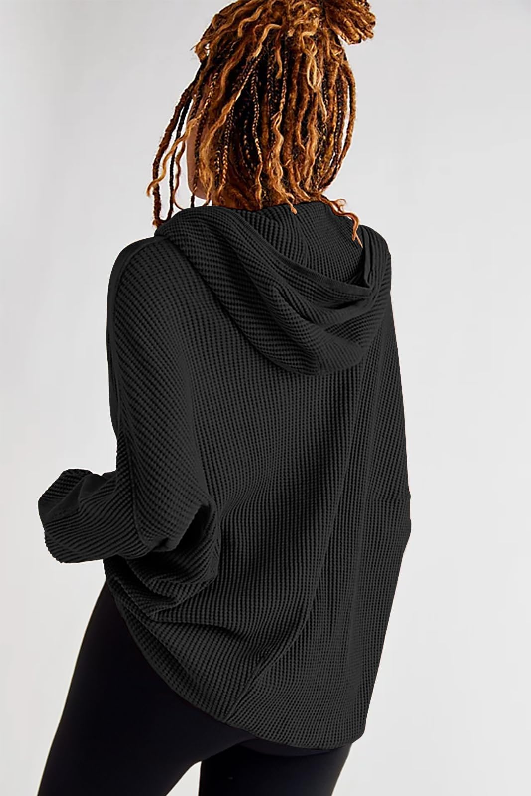 Women's Oversized Waffle Knit Zip Up Hoodie Jacket - Long Sleeve Shacket Blouse with Pockets - Casual Loungewear & Streetwear Fashion for Fall/Winter