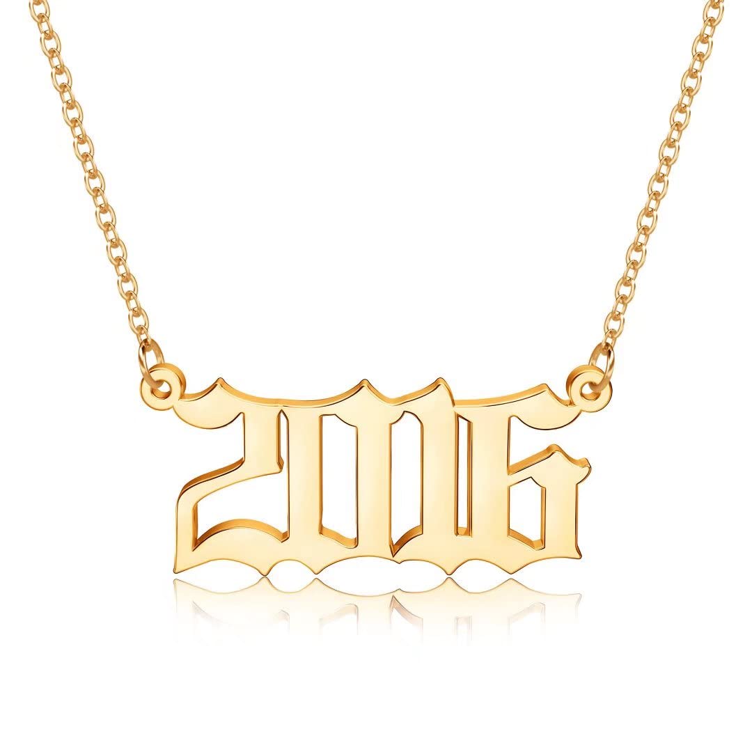 18K Gold Plated Old English Birth Year Necklace for Women - Personalized Jewelry Gift for Birthday, Anniversary (1970-2021) | Elegant Layering Necklace for Everyday Wear & Special Occasions