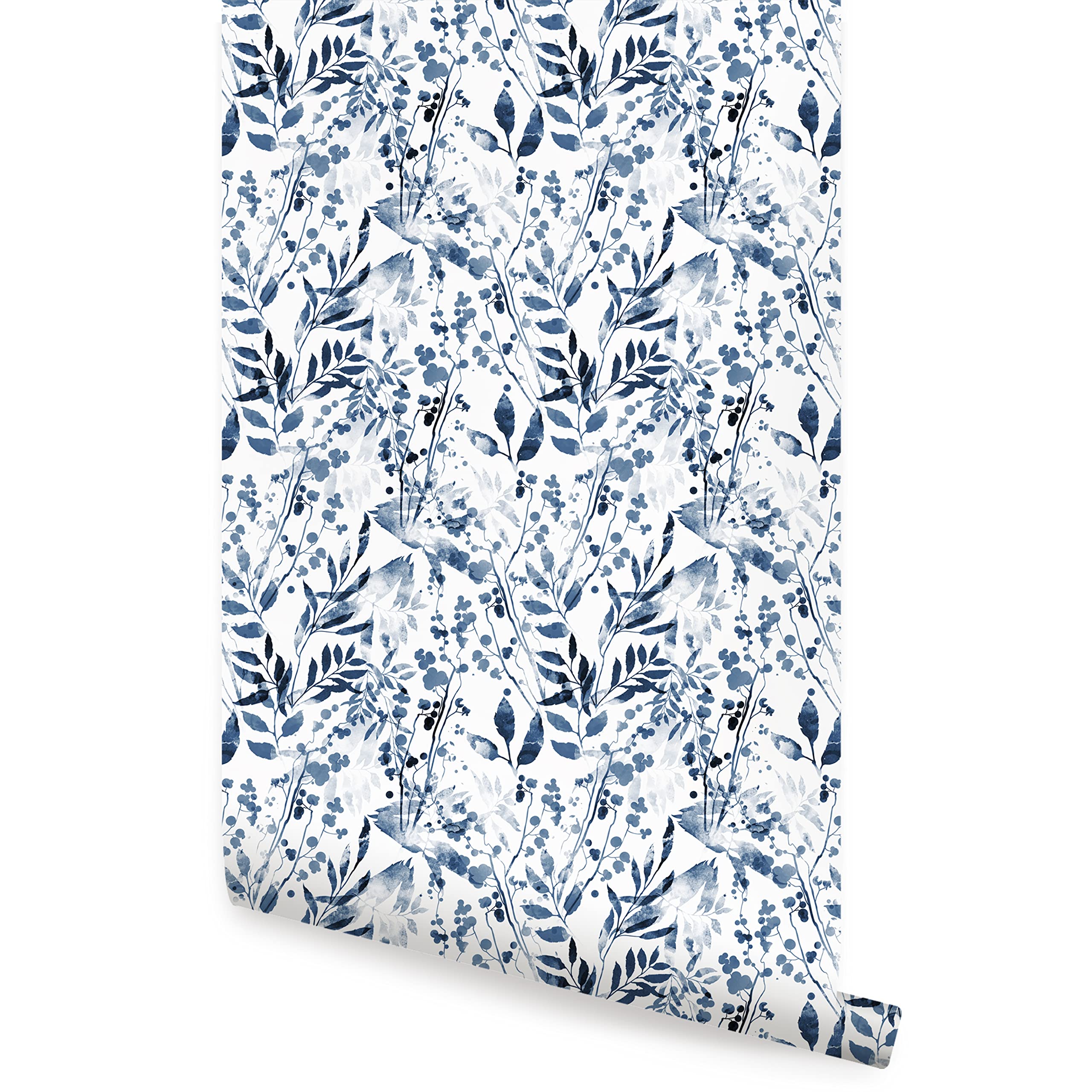 Indigo Watercolor Foliage Peel and Stick Wallpaper - 12 Sheet Pack (2x4 Feet) - Self-Adhesive Removable Wallpaper for Bedroom, Living Room, Nursery Decor