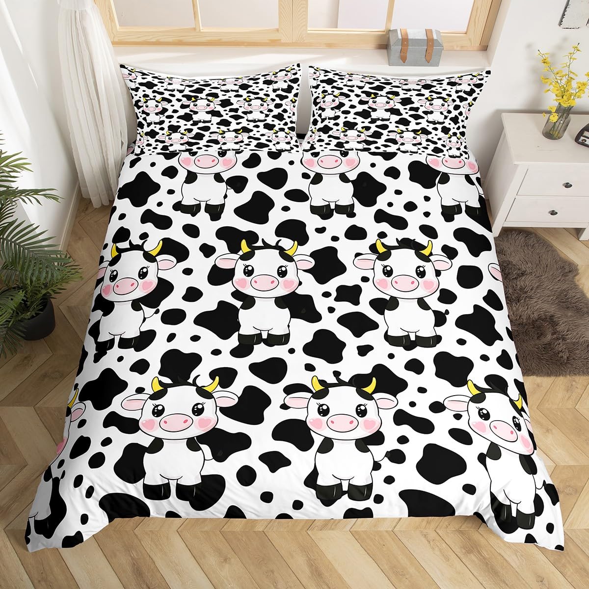 Cute Cow Print Bedding Set for Kids - Twin Size Duvet Cover with Black & White Cartoon Milk Cow Design - Farmhouse Animal Themed Comforter Cover for Girls & Boys - Bright Room Decor - Perfect for Nursery, Kids' Bedroom & Farmhouse Style Decor