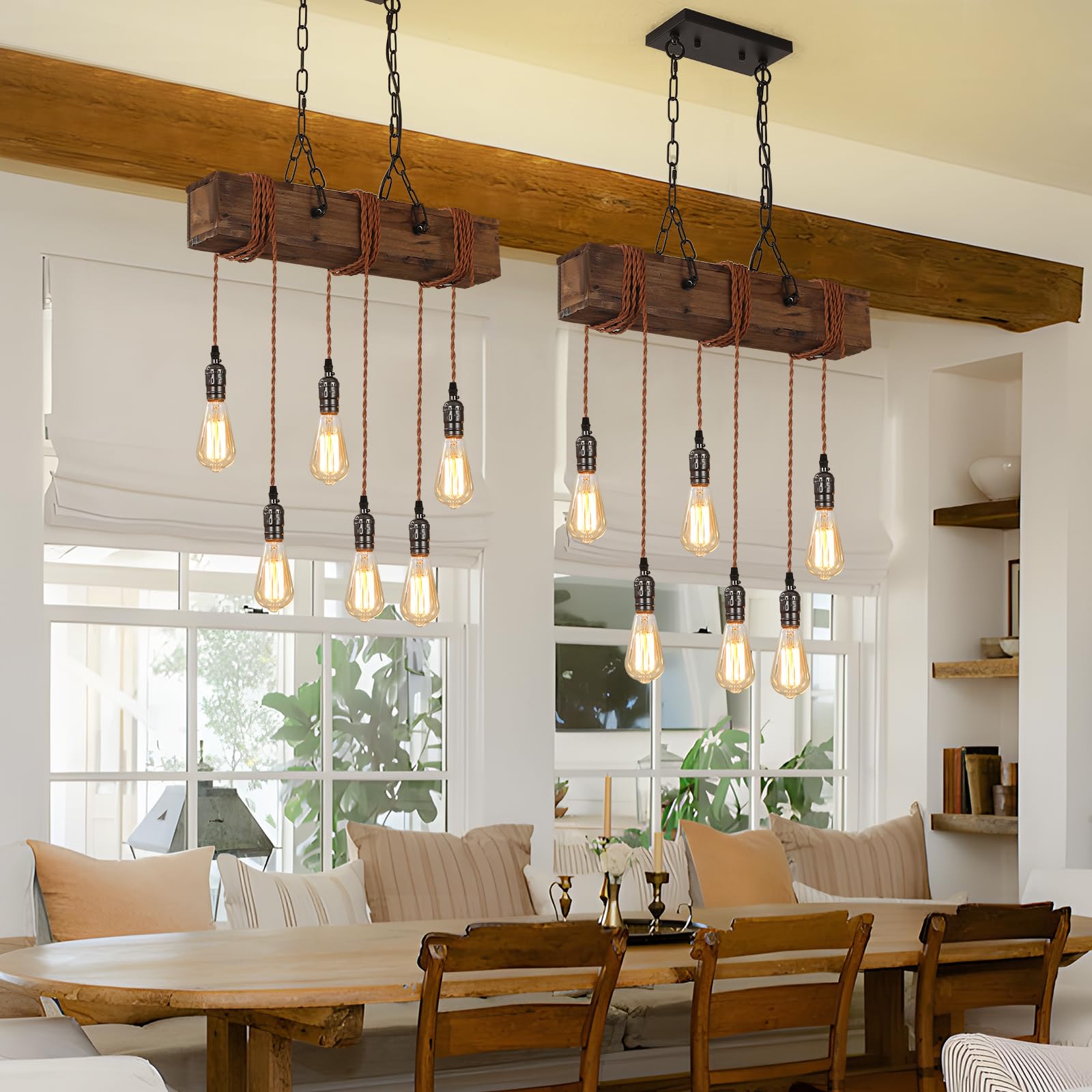 KEESFU 6-Light Farmhouse Wooden Chandelier - Adjustable Rustic Ceiling Pendant Light for Kitchen Island, Dining Room, Bar, Pool Table & Cabin - Perfect for Country Style Home Decor