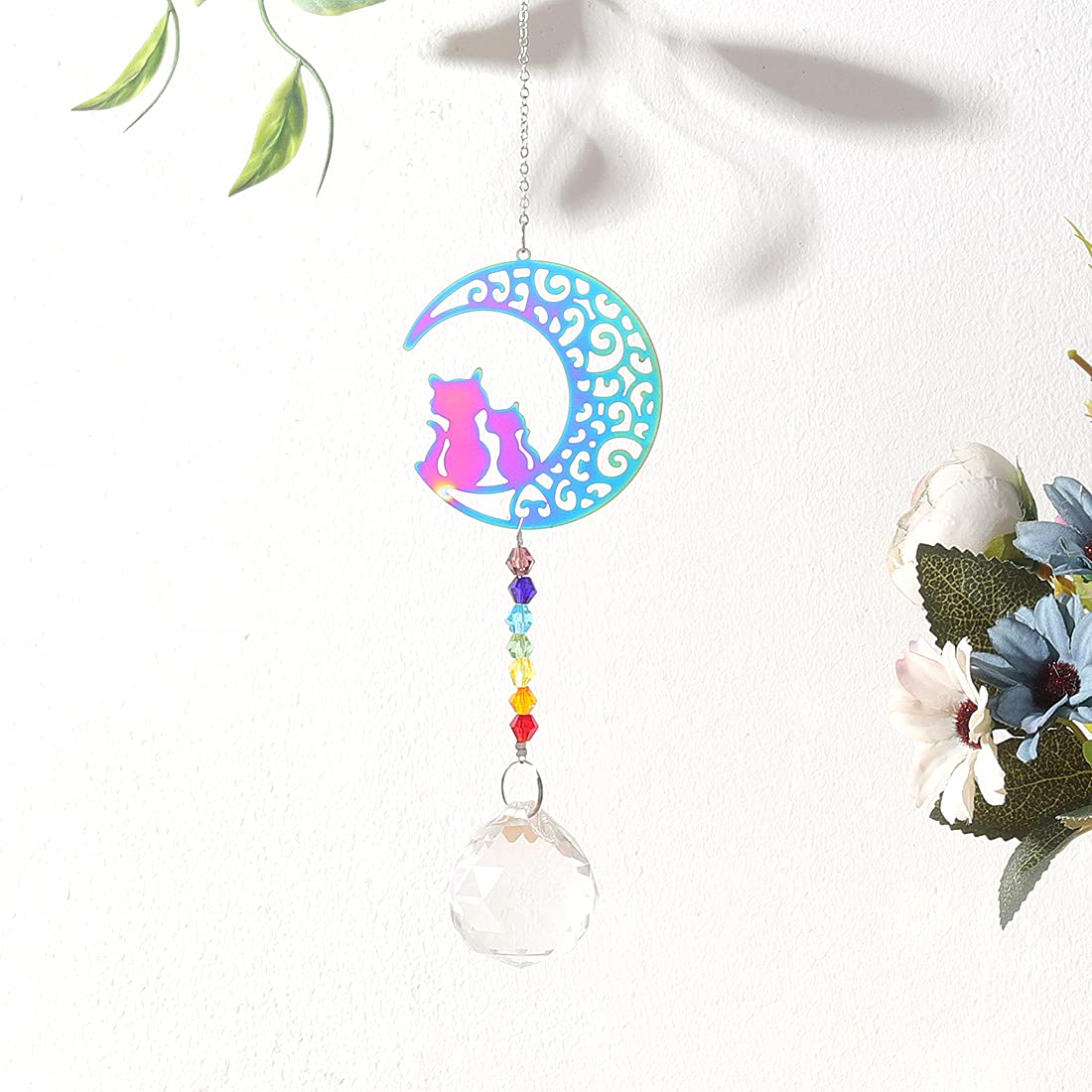 Chakra Beads Moon Cat Crystal Ball Prism Pendant - Rainbow Maker Hanging Suncatcher Ornament for Home Decor & Protection | Perfect for Windows, Meditation Spaces & Spiritual Healing