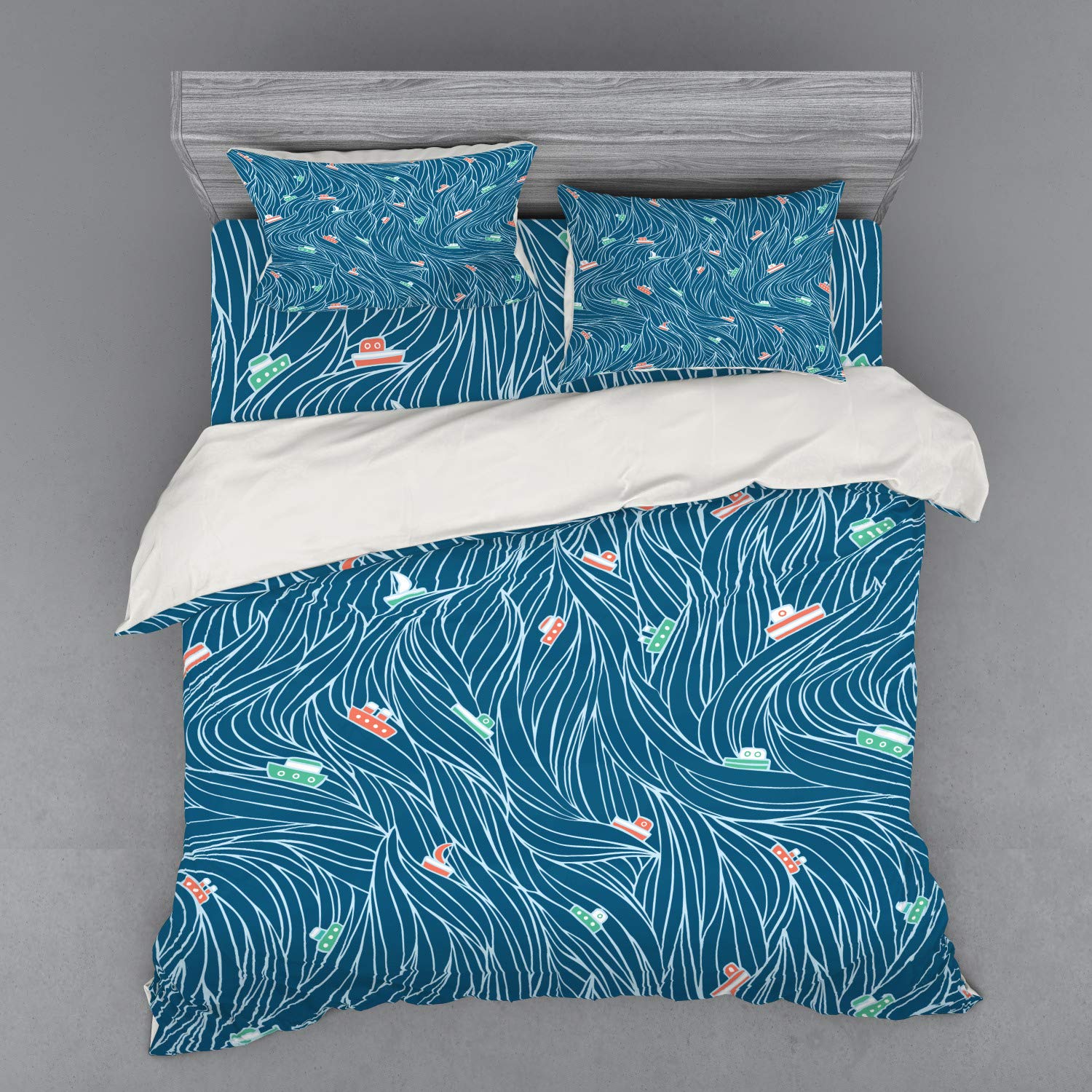 Ambesonne Nautical Duvet Cover Set - King Size 4-Piece Bedding with Waves & Sailboat Design in Petrol Blue & Jade Green | Perfect for Coastal Themed Bedrooms, Beach House Decor & Nautical Lovers