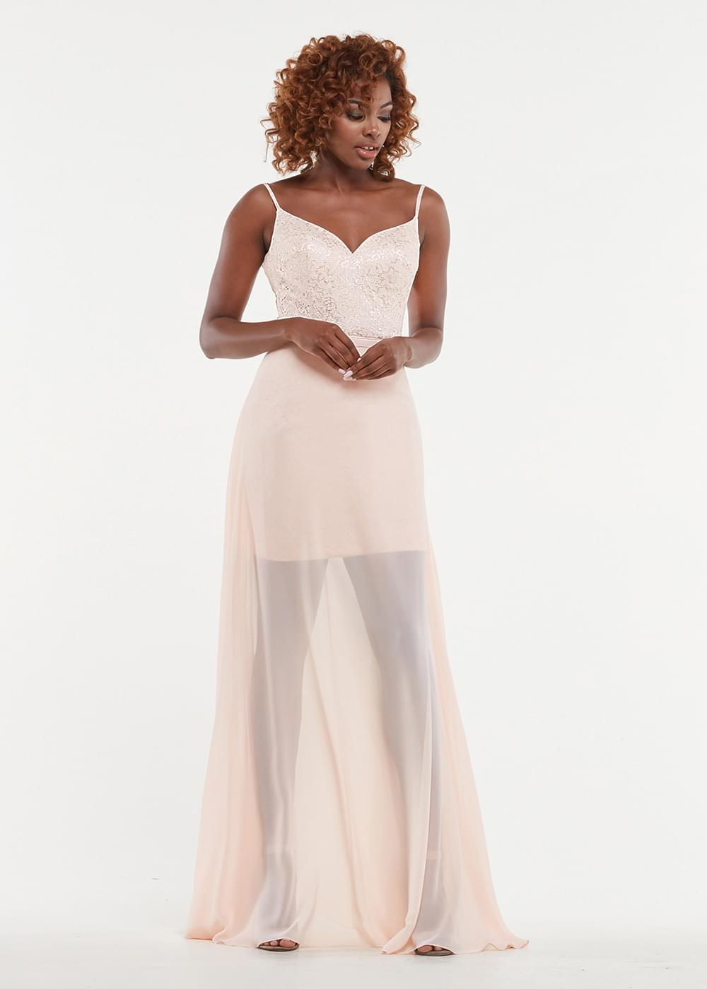 Elegant 80161 Tea Length Lace Bridesmaid Dress with Detachable Chiffon Skirt - Perfect for Weddings, Formal Events & Special Occasions