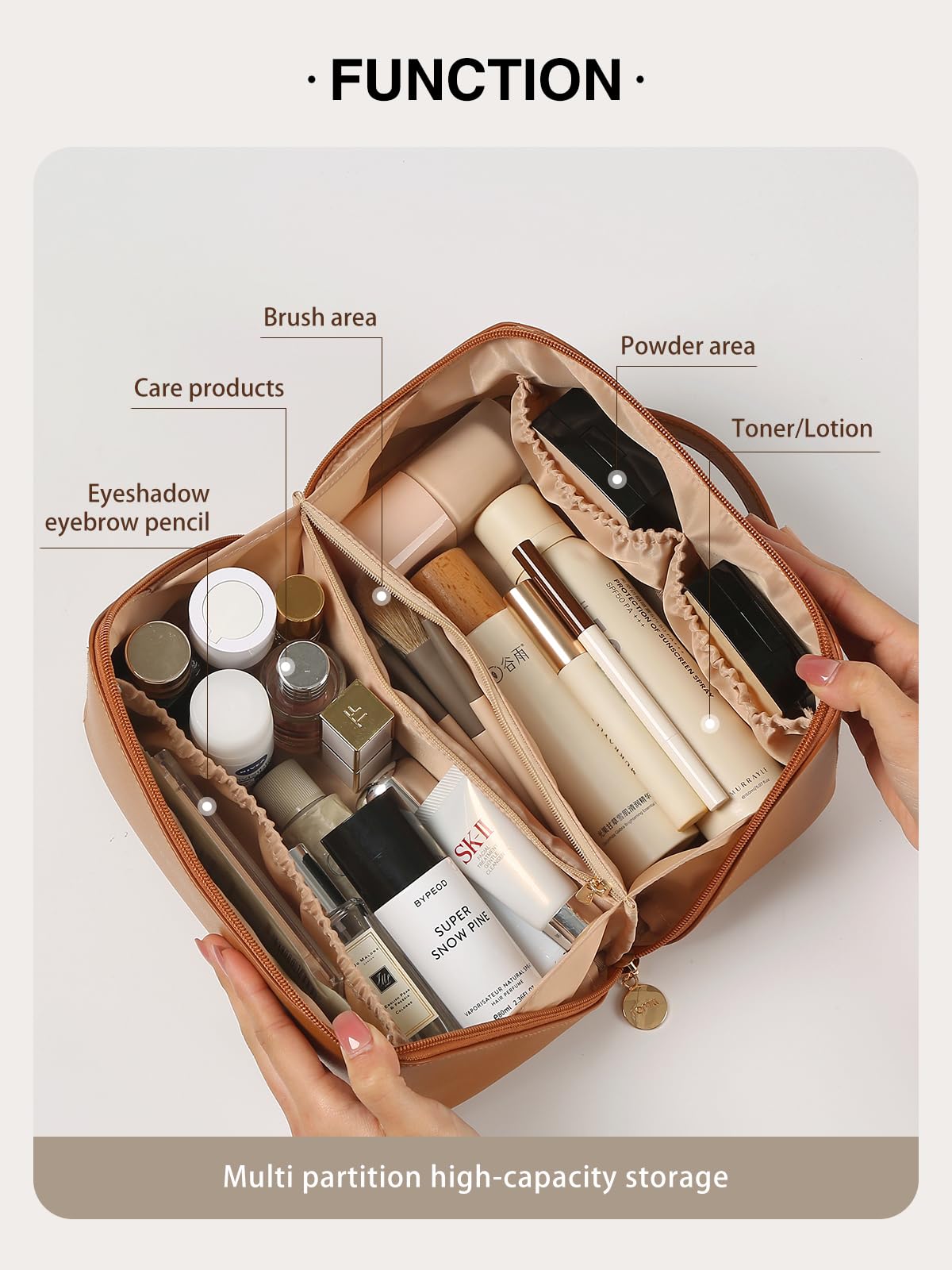 Waterproof PU Leather Travel Makeup Bag for Women - Large Capacity Open Flat Cosmetic Organizer with Divider & Handle | Perfect for Airplane Carry-on, Gym Essentials & Toiletry Storage
