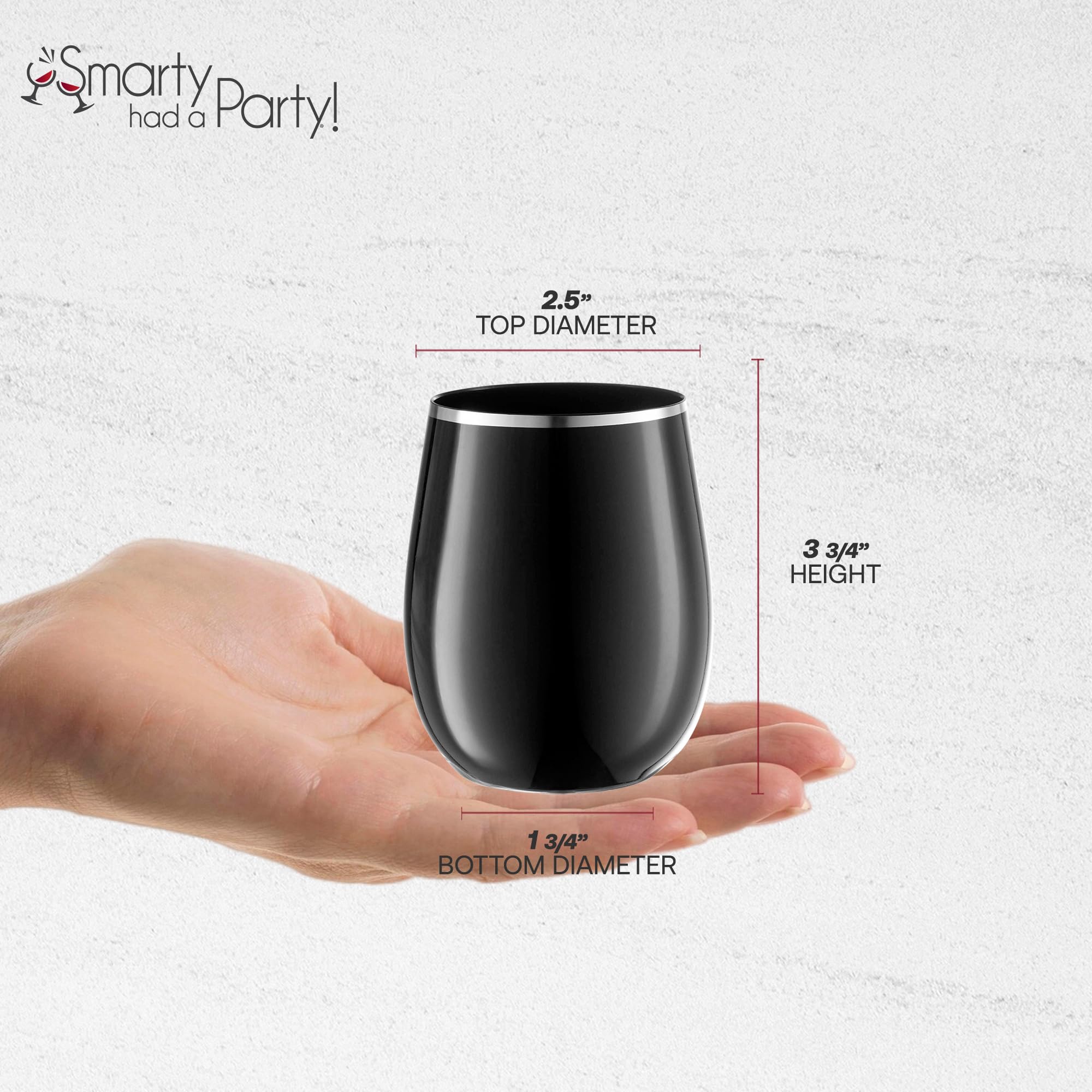 Smarty Had A Party 12 oz Stemless Plastic Wine Glasses – 64 Pack Black Disposable Cups with Silver Rim, Shatterproof Drinkware for Weddings, Parties & Events – Perfect for Outdoor Gatherings, BBQs & Celebrations