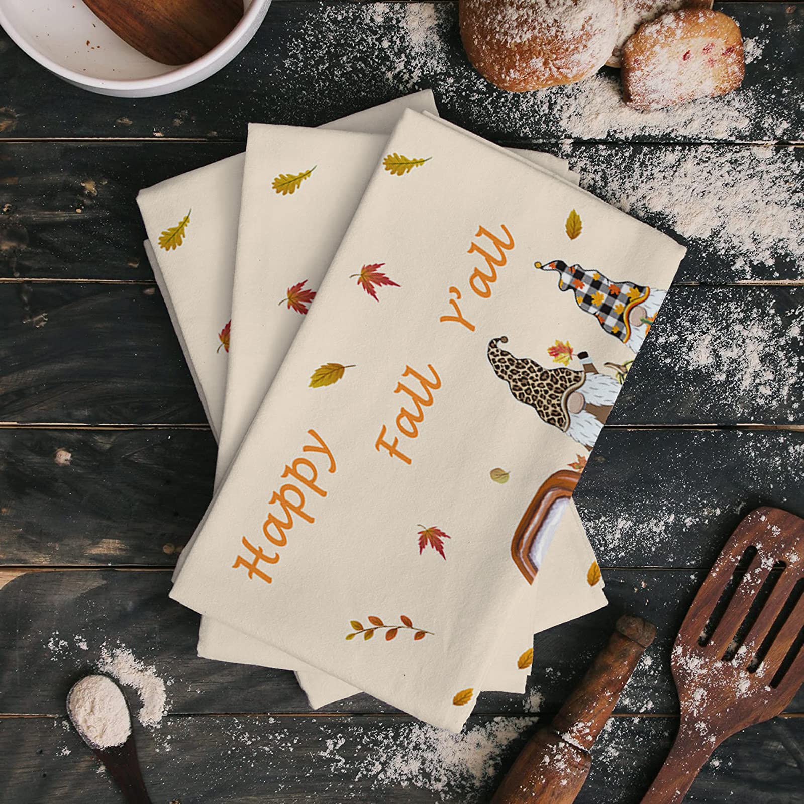 Premium Microfiber Kitchen Towels Set of 4 - Super Absorbent & Reusable Dish Towels (18x28 Inch) - Thanksgiving Truck with Pumpkin Gnome Design in Orange Black Plaid - Perfect for Drying Dishes, Cleaning Countertops & Holiday Kitchen Decor