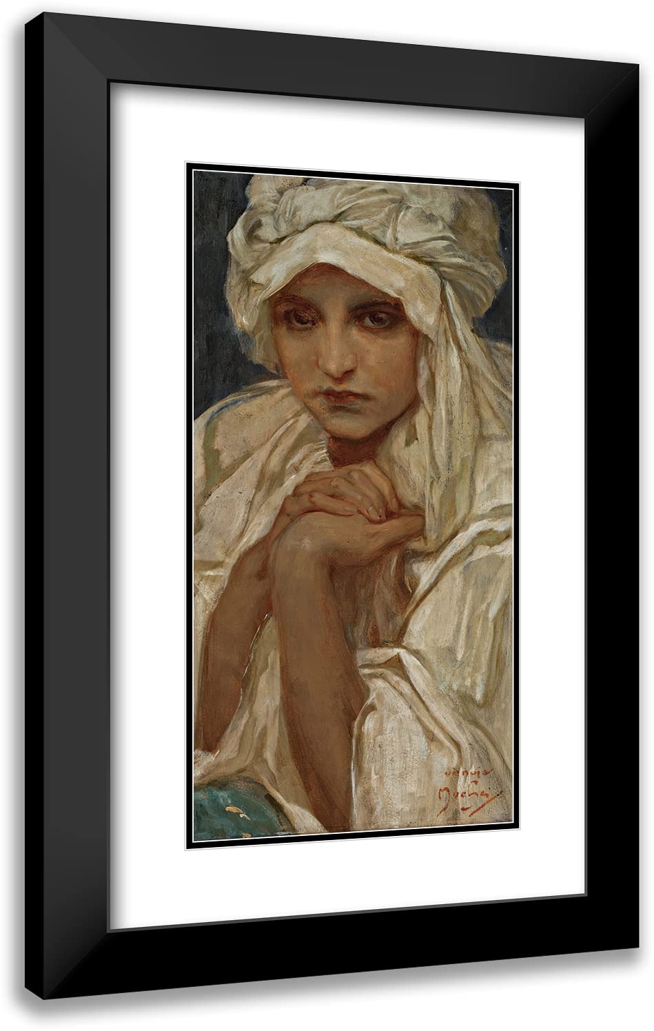 Alphonse Mucha Portrait of a Girl - 14x24 Black Modern Framed Museum Art Print with Double Matting | Wall Decor for Living Room, Bedroom & Office