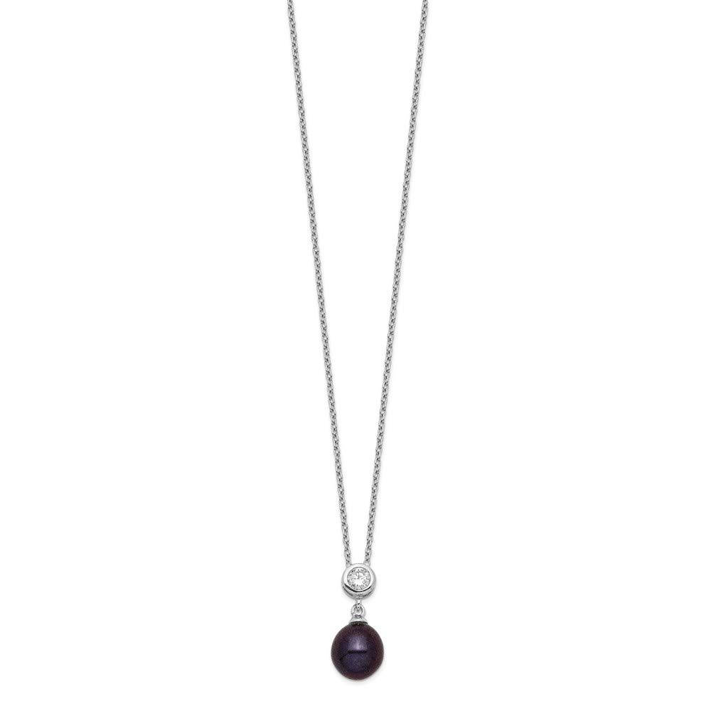925 Sterling Silver Black Rice Freshwater Pearl & Cubic Zirconia Necklace for Women - Elegant 8-9mm Pearls, 17