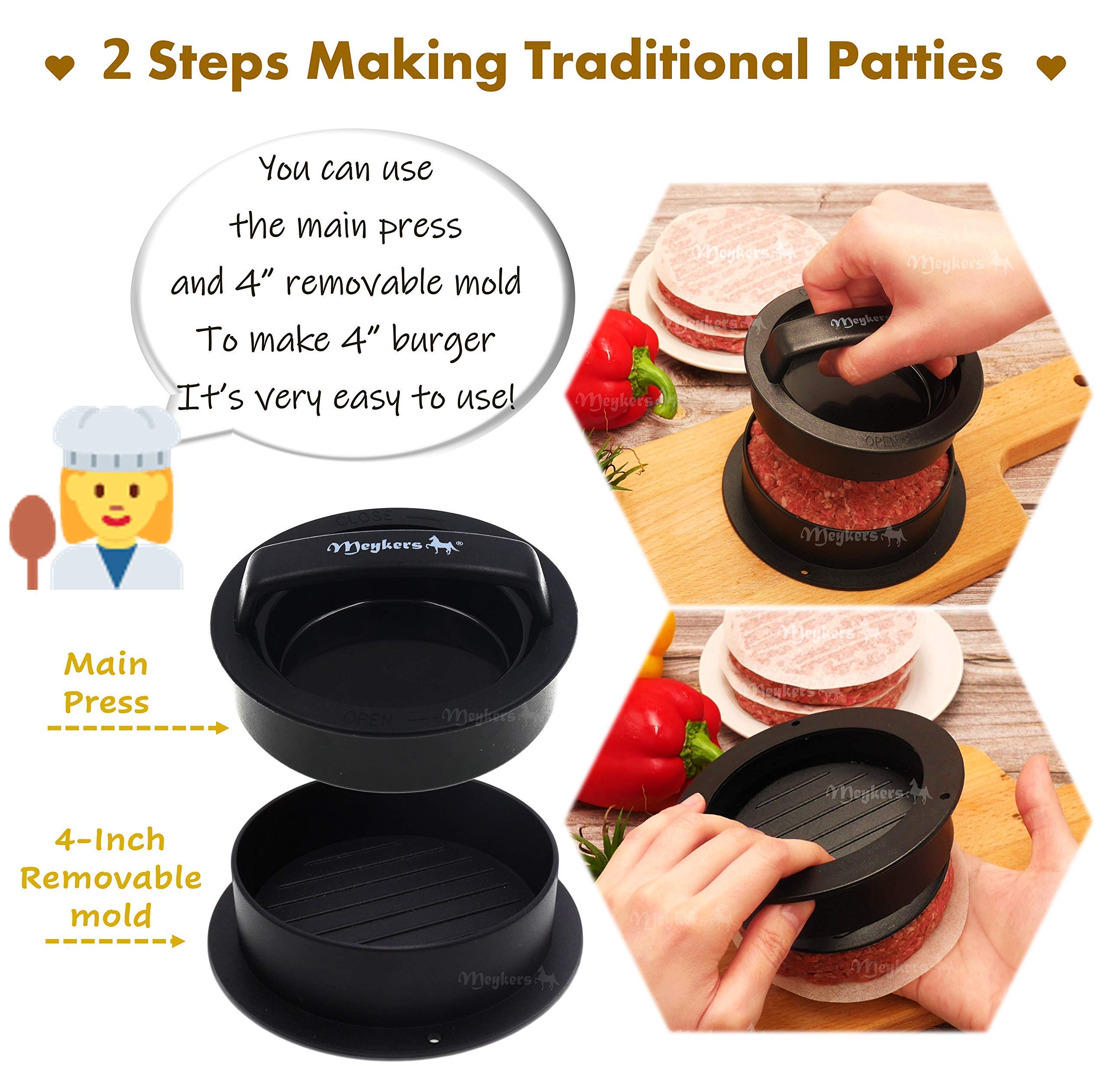 Meykers 3-in-1 Non-Stick Hamburger Patty Press Maker with 100 Wax Papers - Perfect for Cheeseburgers, Sliders, Stuffed Burgers, Beef & Vegan Patties - Ideal for BBQ, Grilling, Home Cooking & Outdoor Parties