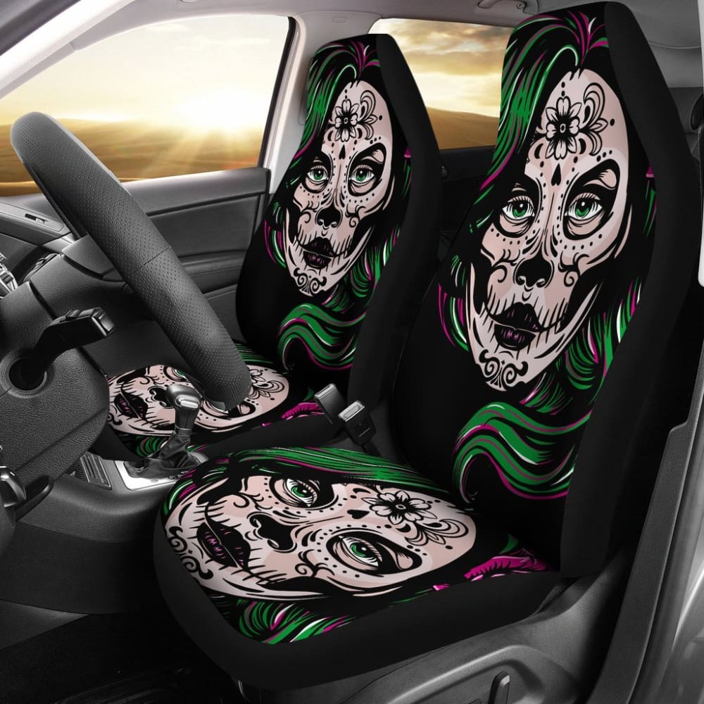 2 Pcs Sugar Skull Girl Car Seat Covers - Gothic Mexican Style Auto Accessories for Women, Halloween Decor & Dia de Los Muertos Celebration - Perfect for Sedan, SUV, Truck Seats