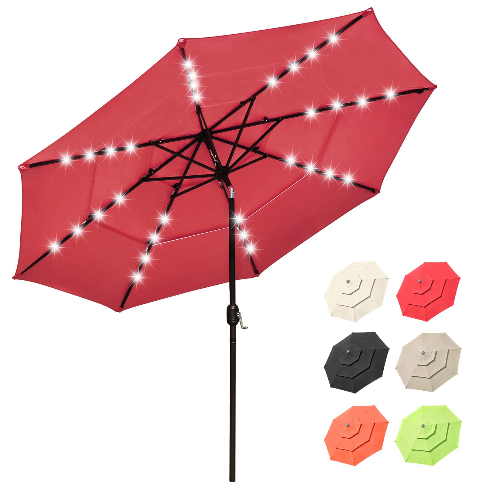 10FT Solar-Powered Patio Umbrella with 32 LED Lights - 3-Tier Outdoor Table Umbrella with 8 Ribs, Push Button Tilt & Crank, UV Protection Sun Shade for Backyard, Garden, Deck, Pool - Perfect for Outdoor Dining, Lounging, and Summer Entertaining