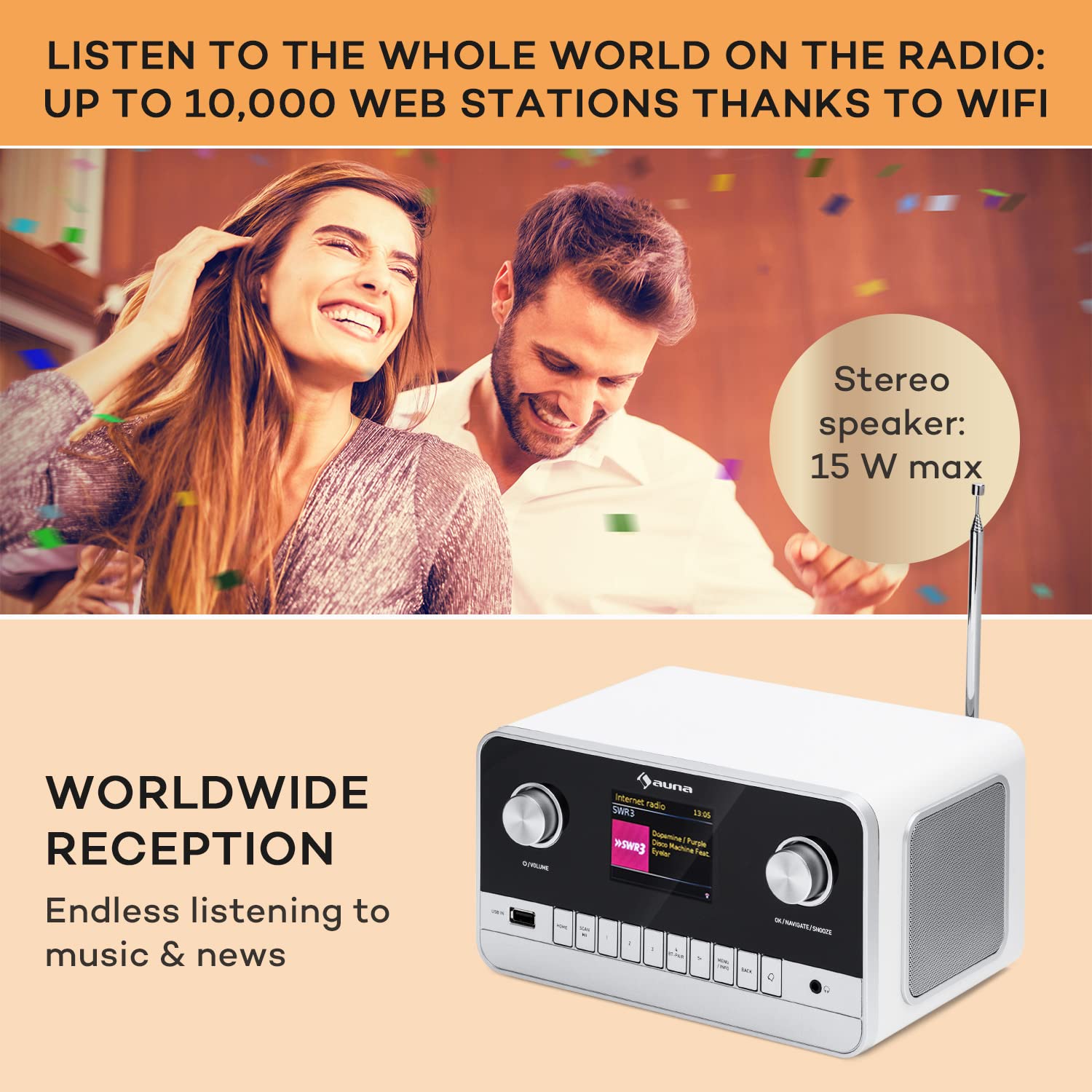 Auna Rechargeable DAB/FM Digital Radio with Bluetooth 5.0, 15W Stereo Speakers, TFT Display & Alarm Clock - Portable Wireless Radio for Home, Office, Kitchen, Travel & Outdoor Use