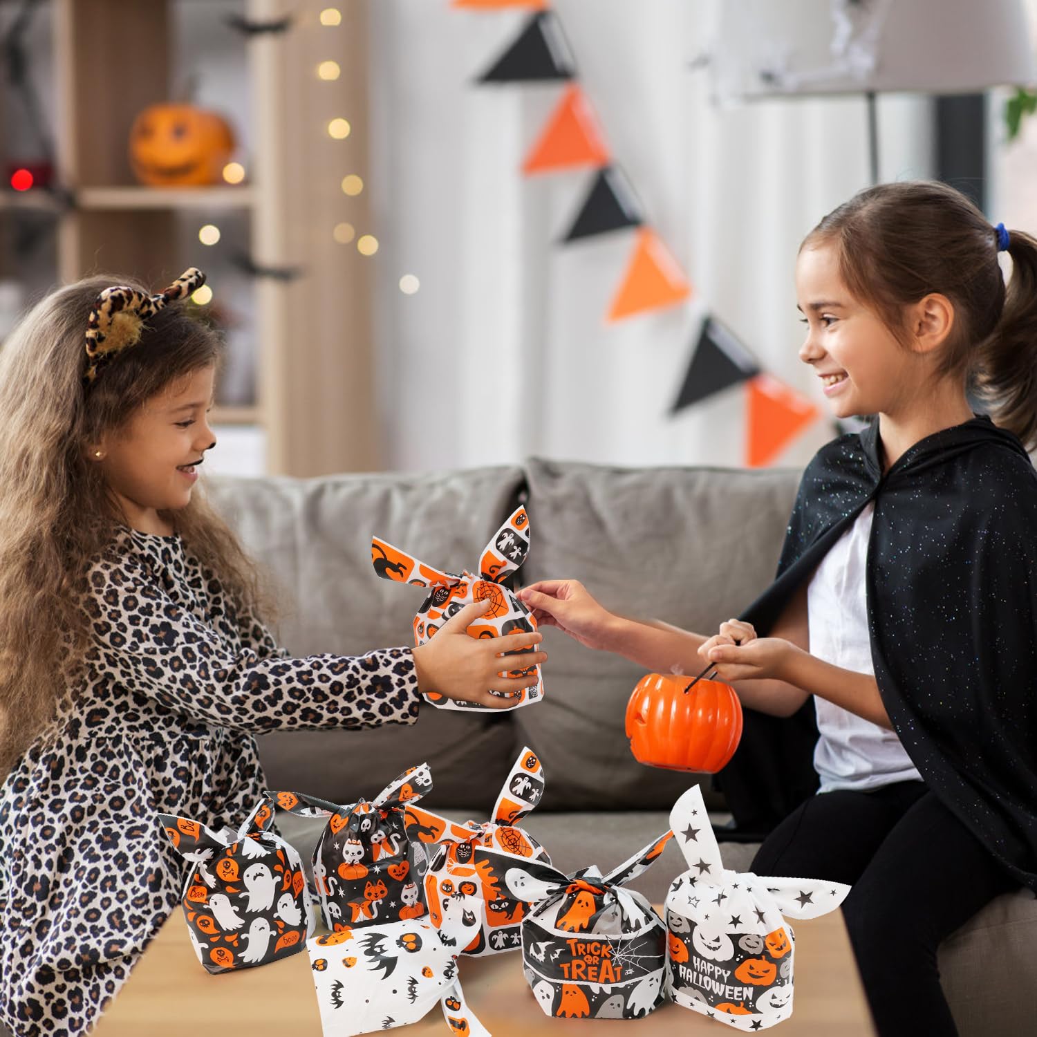 100Pcs Halloween Treat Bags for Kids - 6 Styles Cute Rabbit Ear Plastic Goodie Bags for Trick or Treat, Party Favors & Candy Gifts | Perfect for Halloween Parties, Classroom Treats & Neighborhood Trick-or-Treating