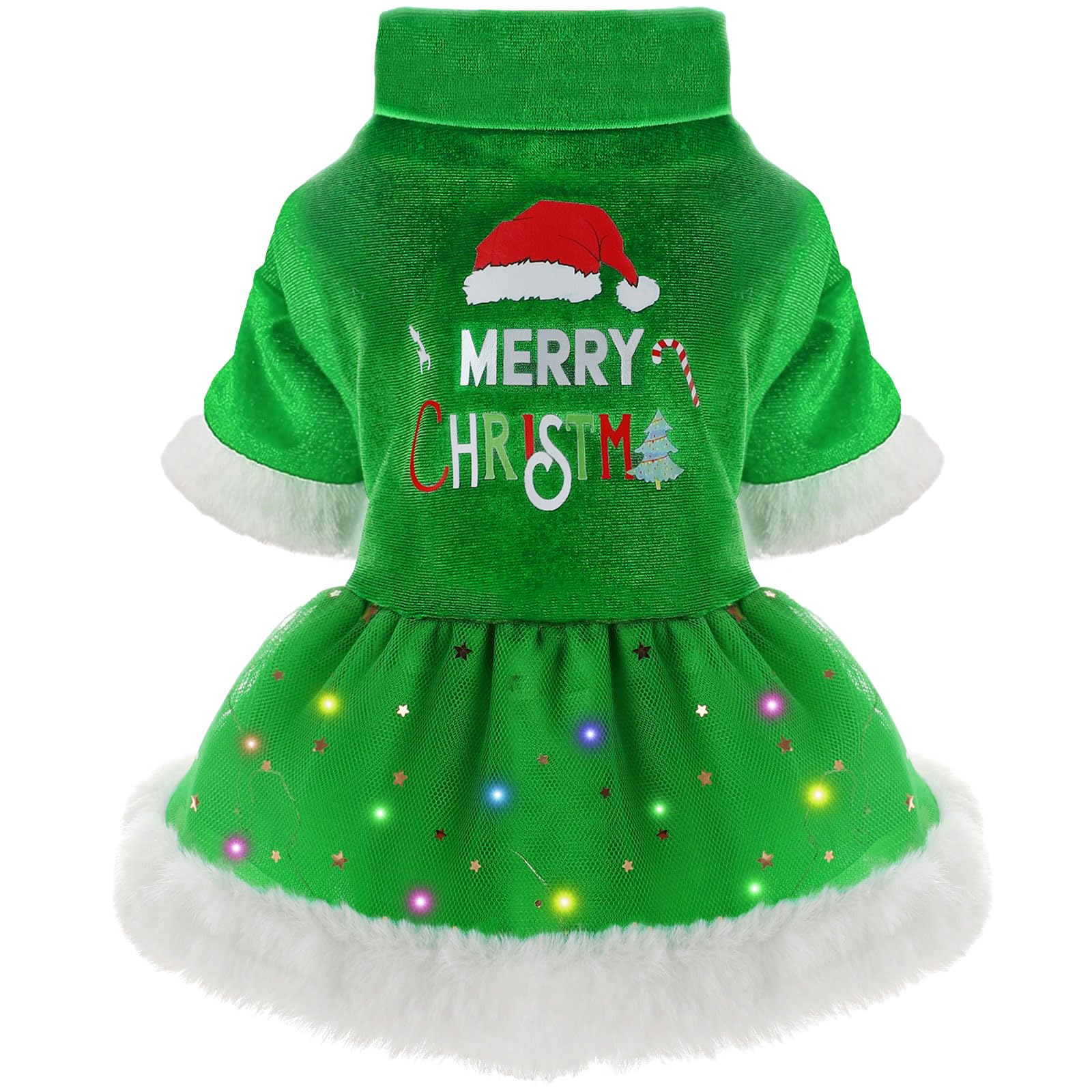 LED Light Pet Christmas Sweater Dress for Small Dogs - Festive Green Velvet Puppy Outfit with Soft Fabric for Holiday Parties & Family Photos