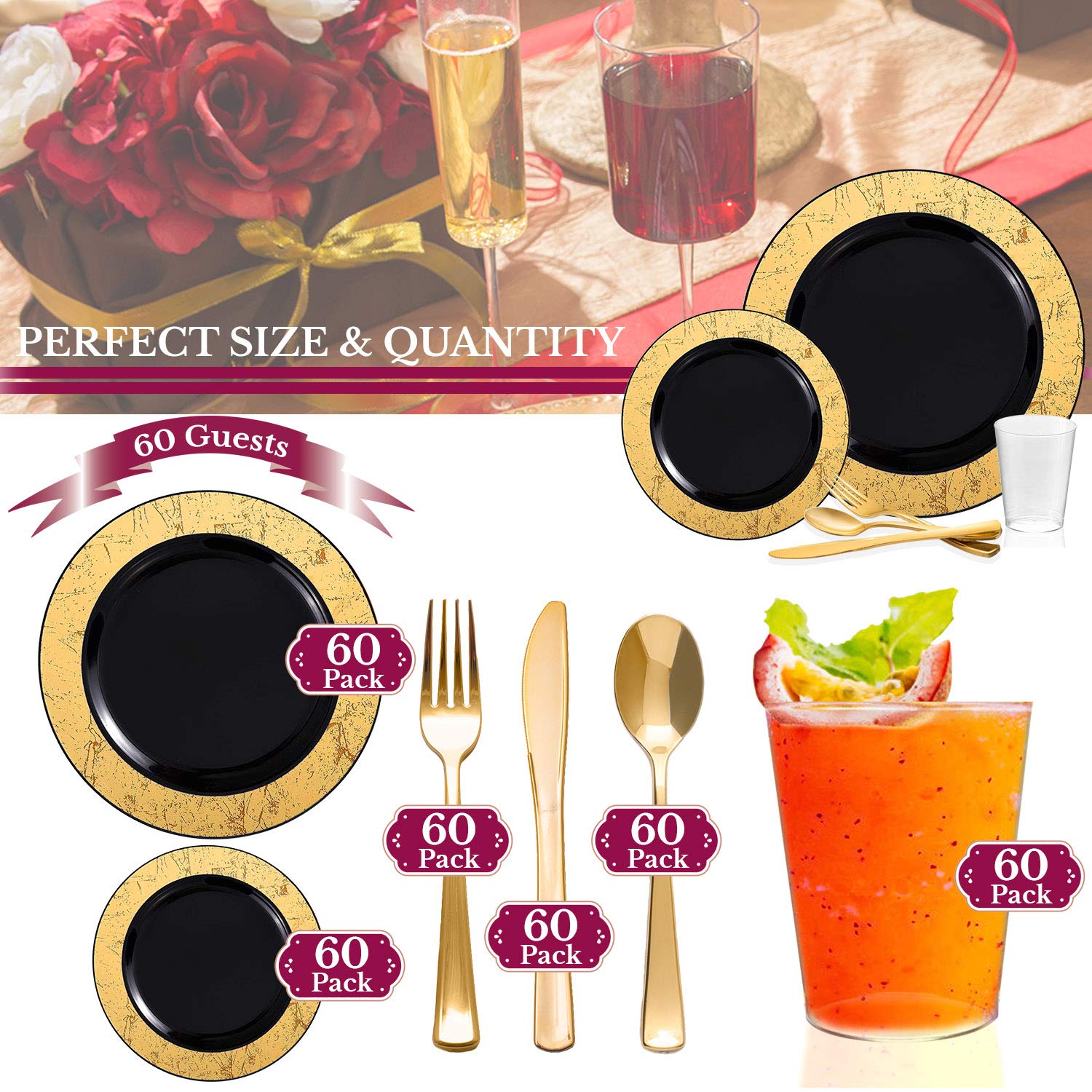 Smarty Had A Party 10.25 Inch Black & Gold Wedding Dinner Plates - 60-Piece Set for Wedding Receptions, Bridal Showers & Formal Events