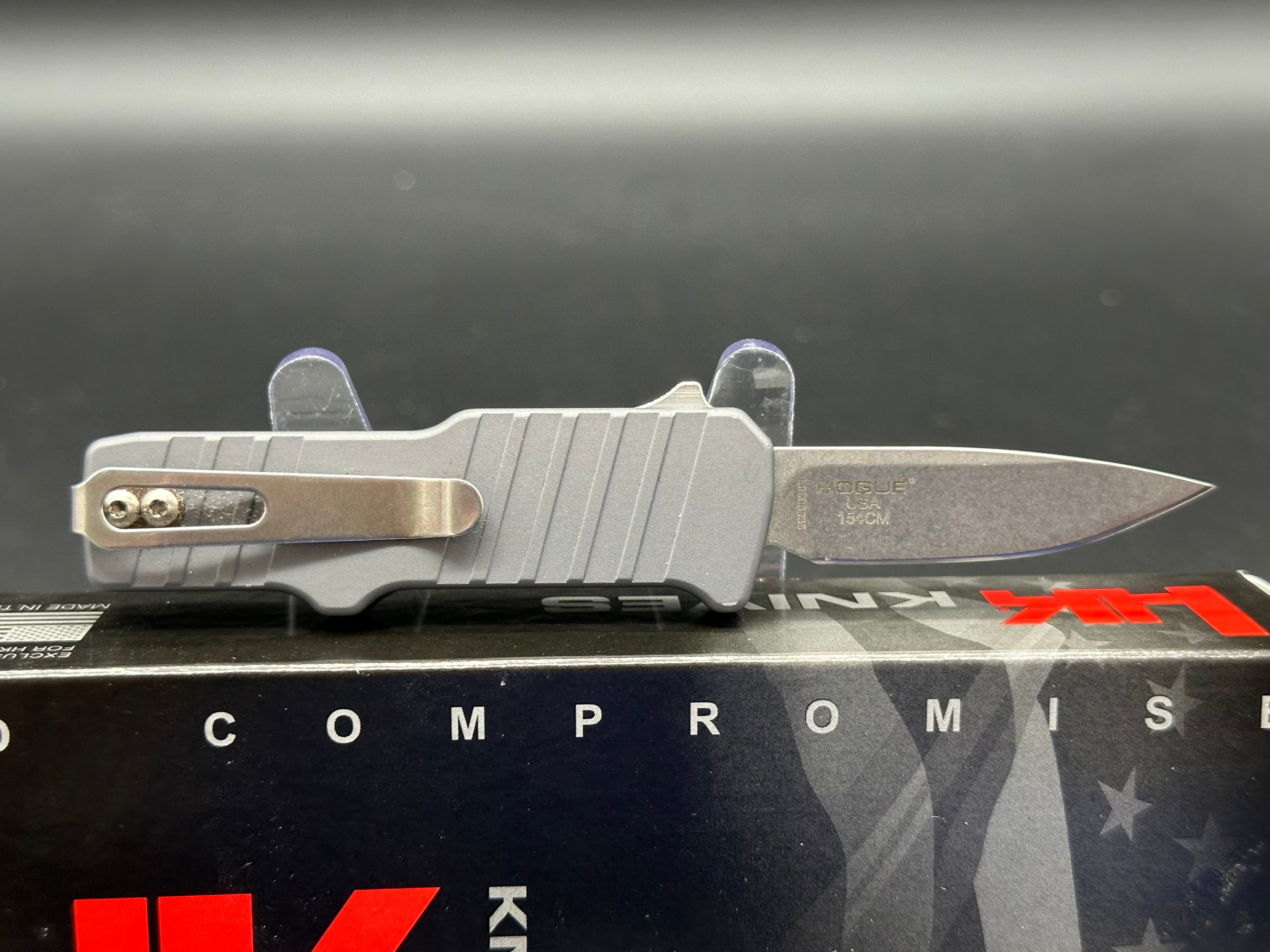 Hogue Micro Incursion D/E OTF Automatic Knife - Gray Aluminum Handle, Double Edge Tactical Knife for Outdoor, Camping & EDC Use