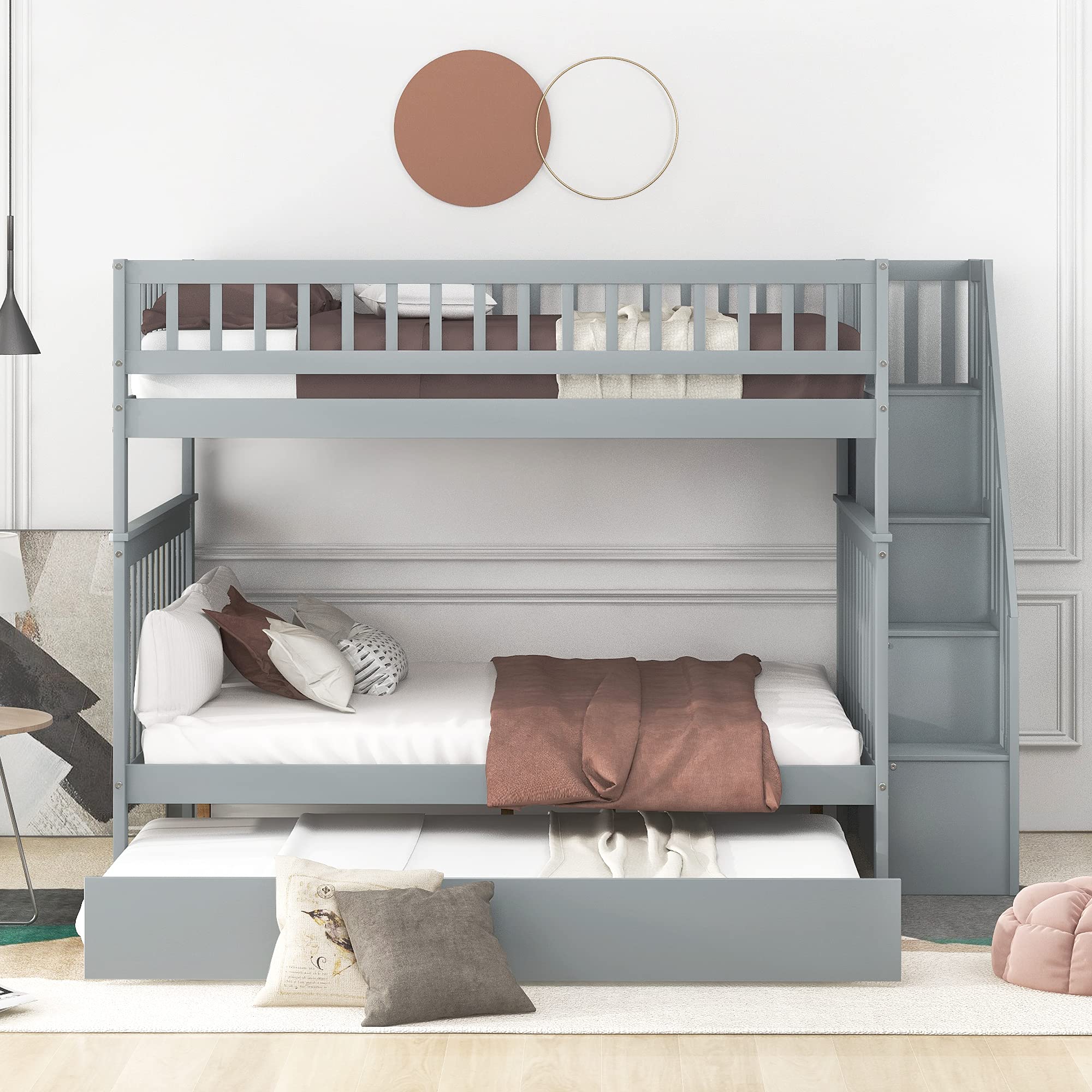 **Convertible Full Over Full Bunk Bed for Kids with Staircase & Trundle – Solid Wood Triple Sleeper (Gray) – Perfect for Shared Bedrooms, Sleepovers & Small Spaces**